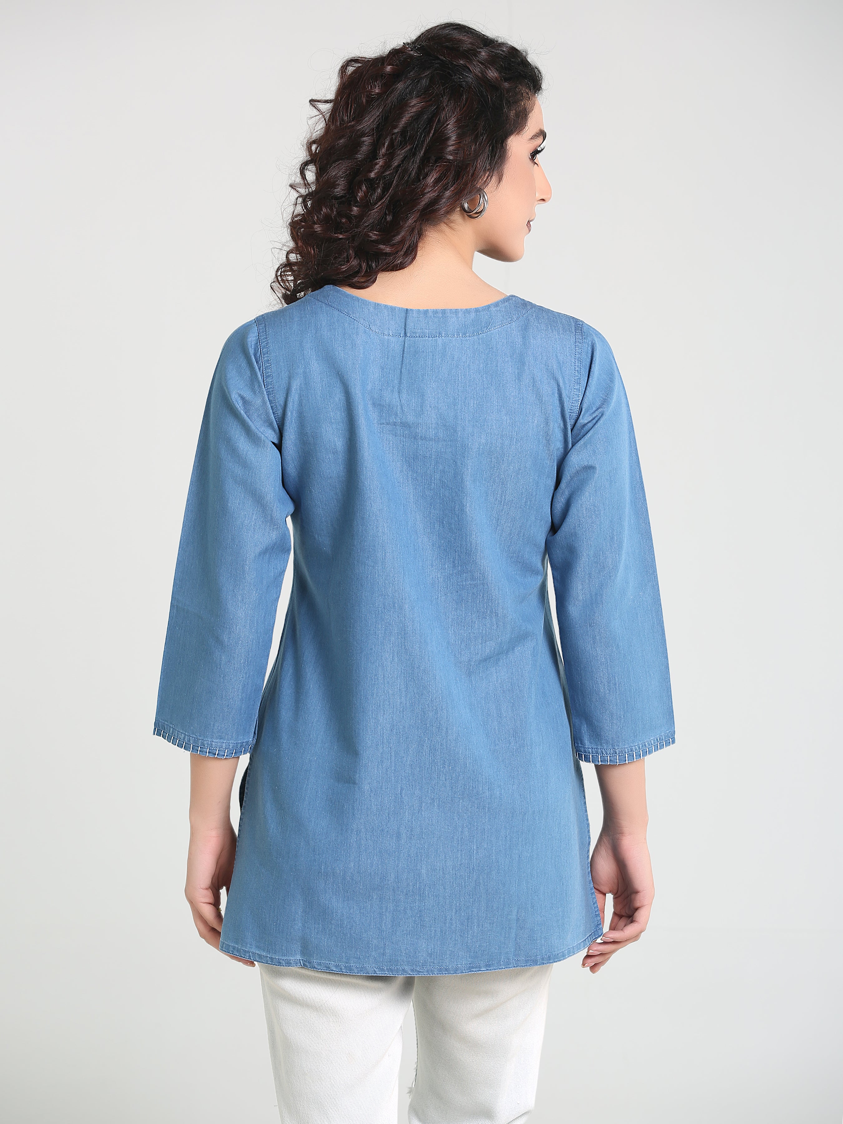 Denim Embroidered Kantha work V Neck Style Kurti