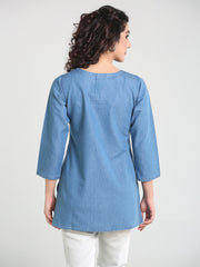 Denim Embroidered Kantha work V Neck Style Kurti