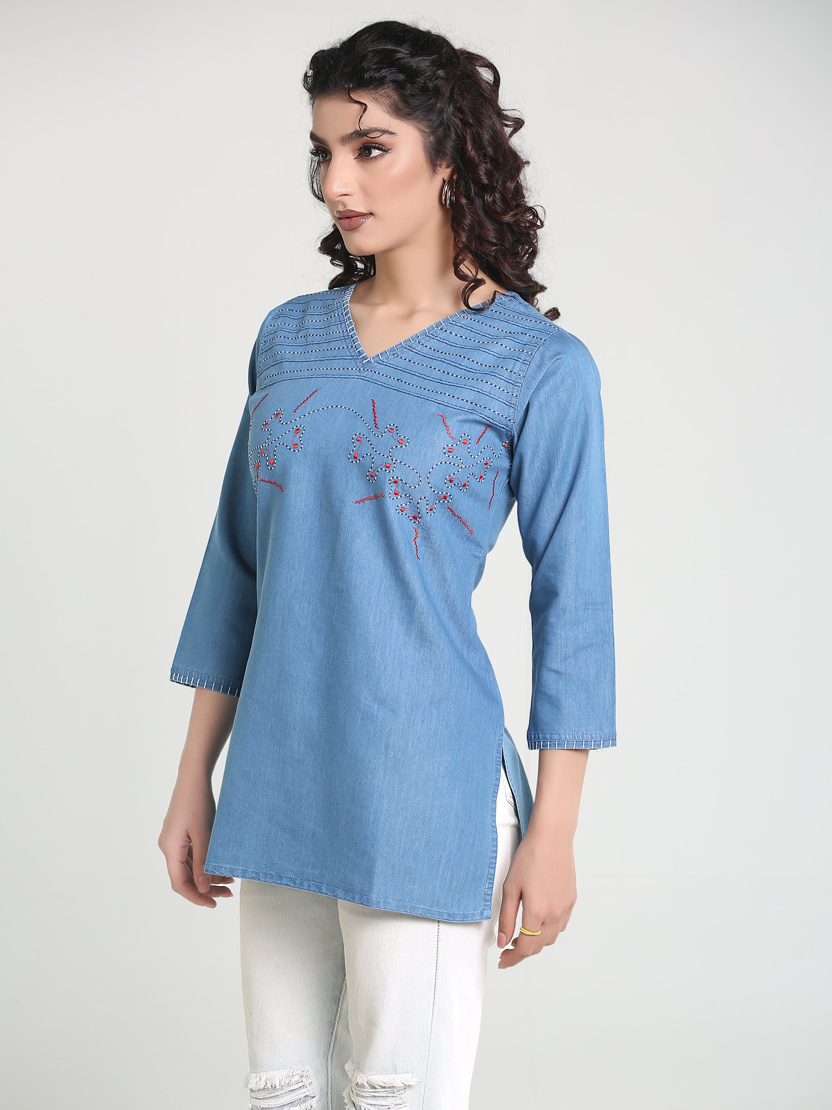 Denim Embroidered Kantha work V Neck Style Kurti