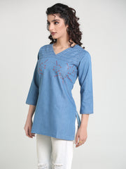 Denim Embroidered Kantha work V Neck Style Kurti