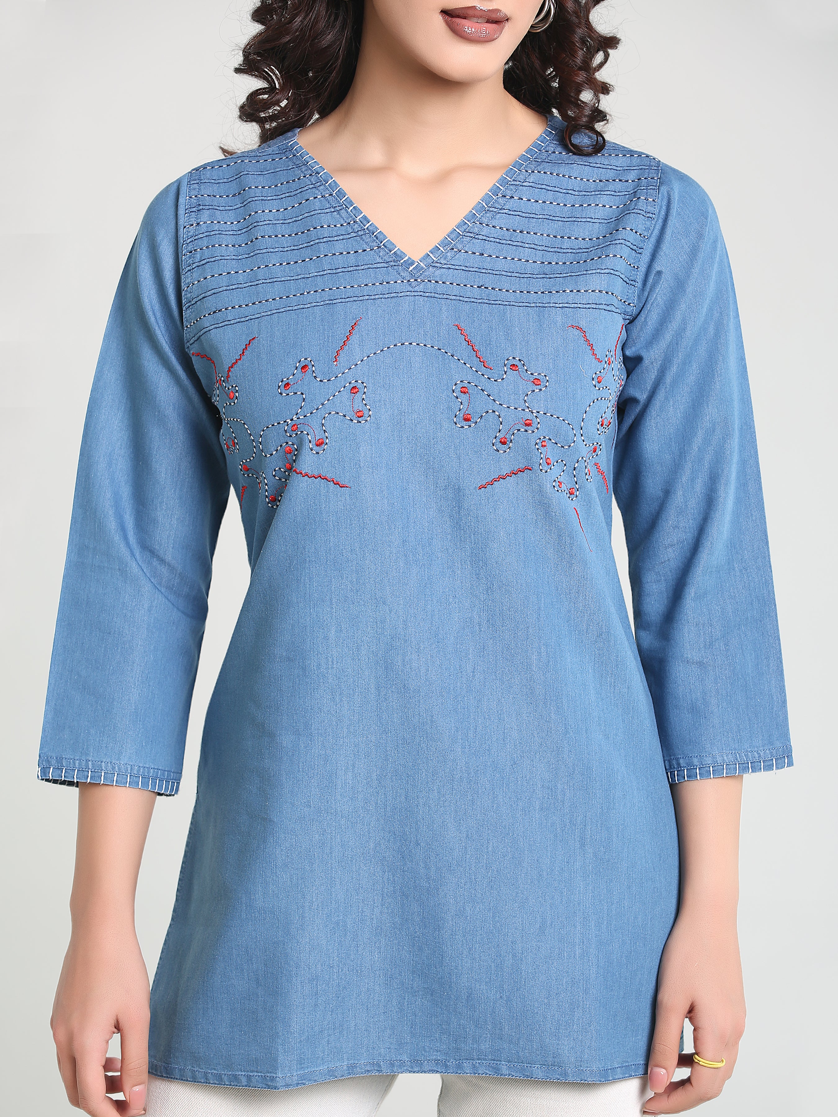 Denim Embroidered Kantha work V Neck Style Kurti