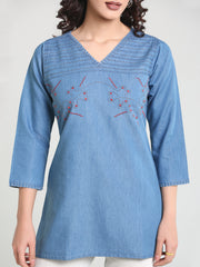Denim Embroidered Kantha work V Neck Style Kurti