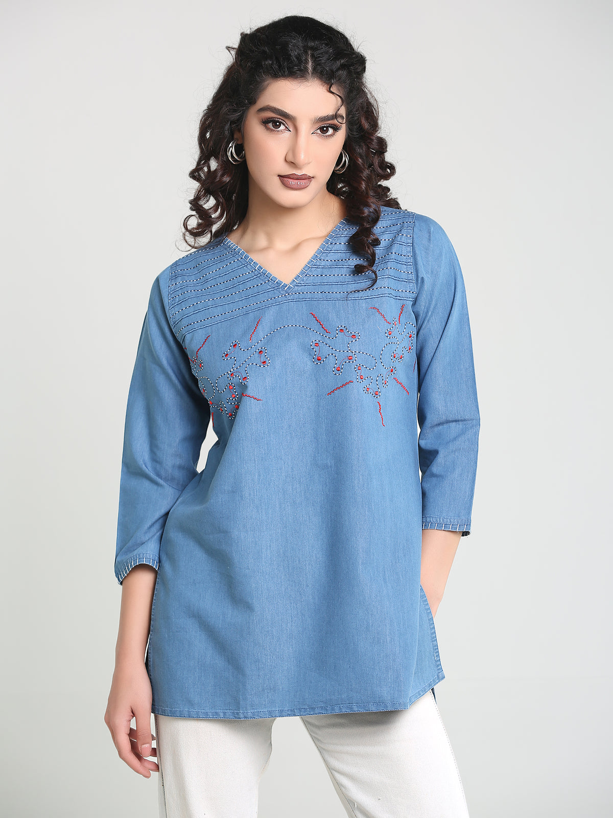 Denim Embroidered Kantha work V Neck Style Kurti