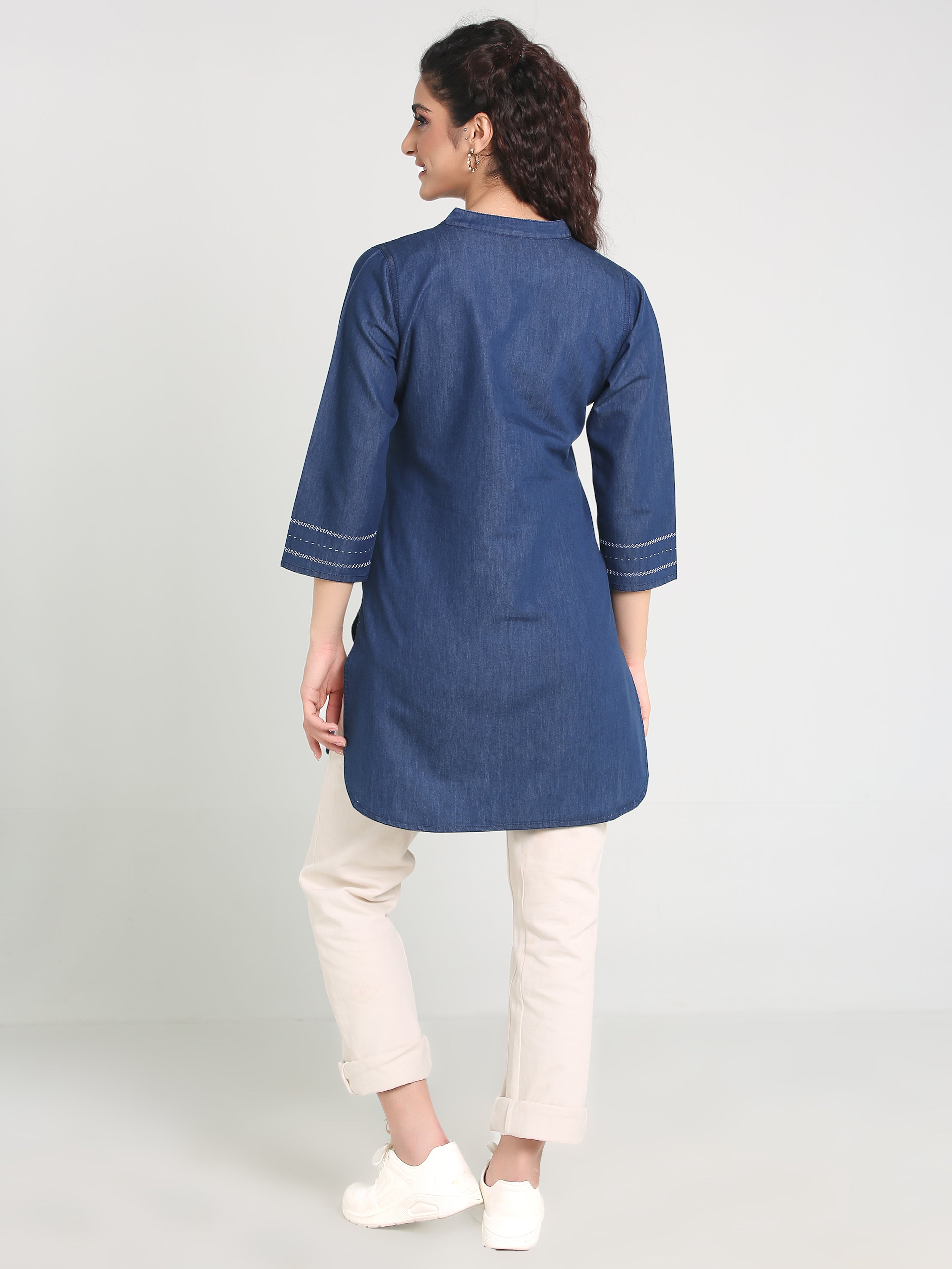 Denim Embroidered Mandarine Collar kurta Patti Kurti