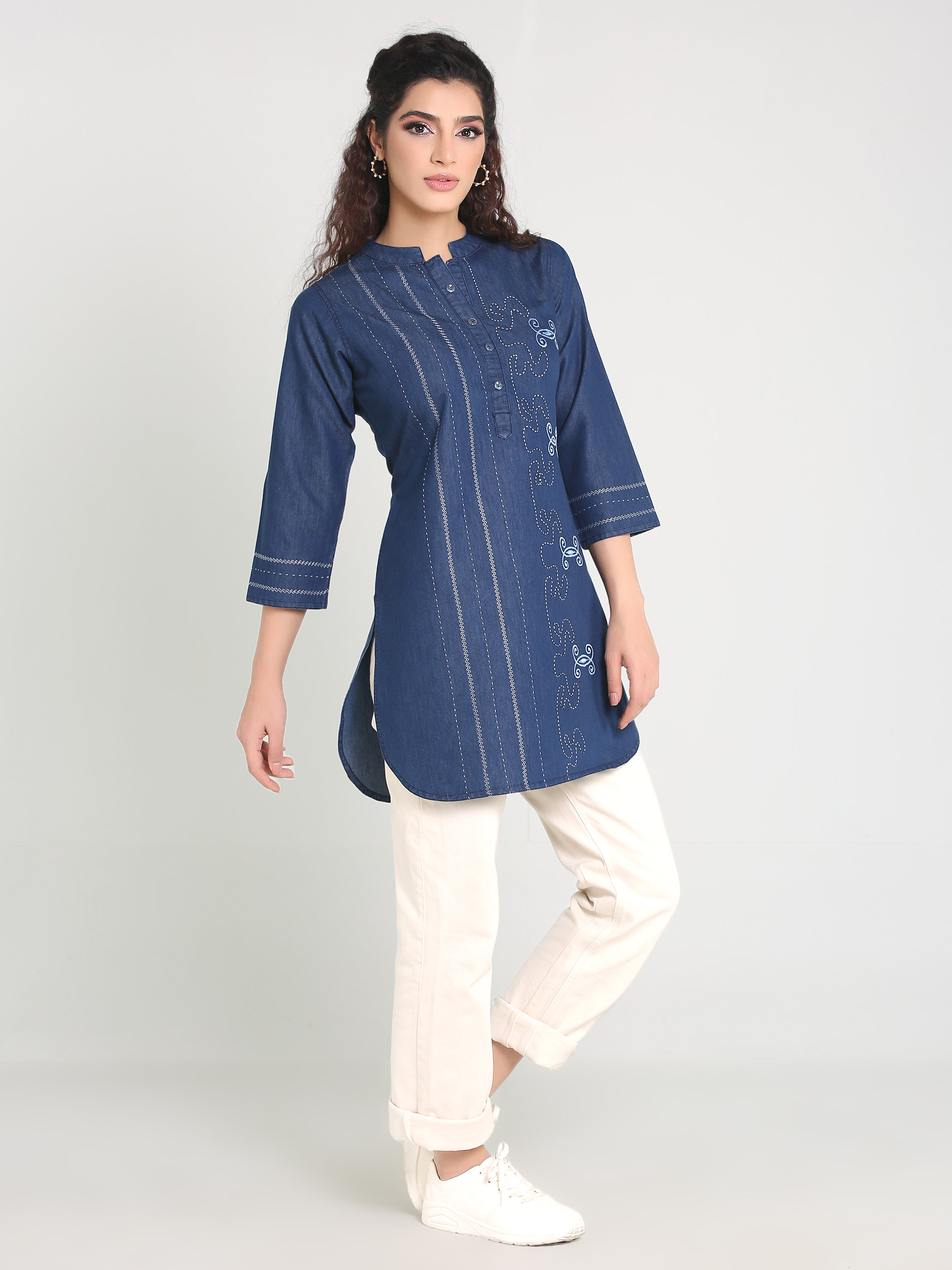 Denim Embroidered Mandarine Collar kurta Patti Kurti