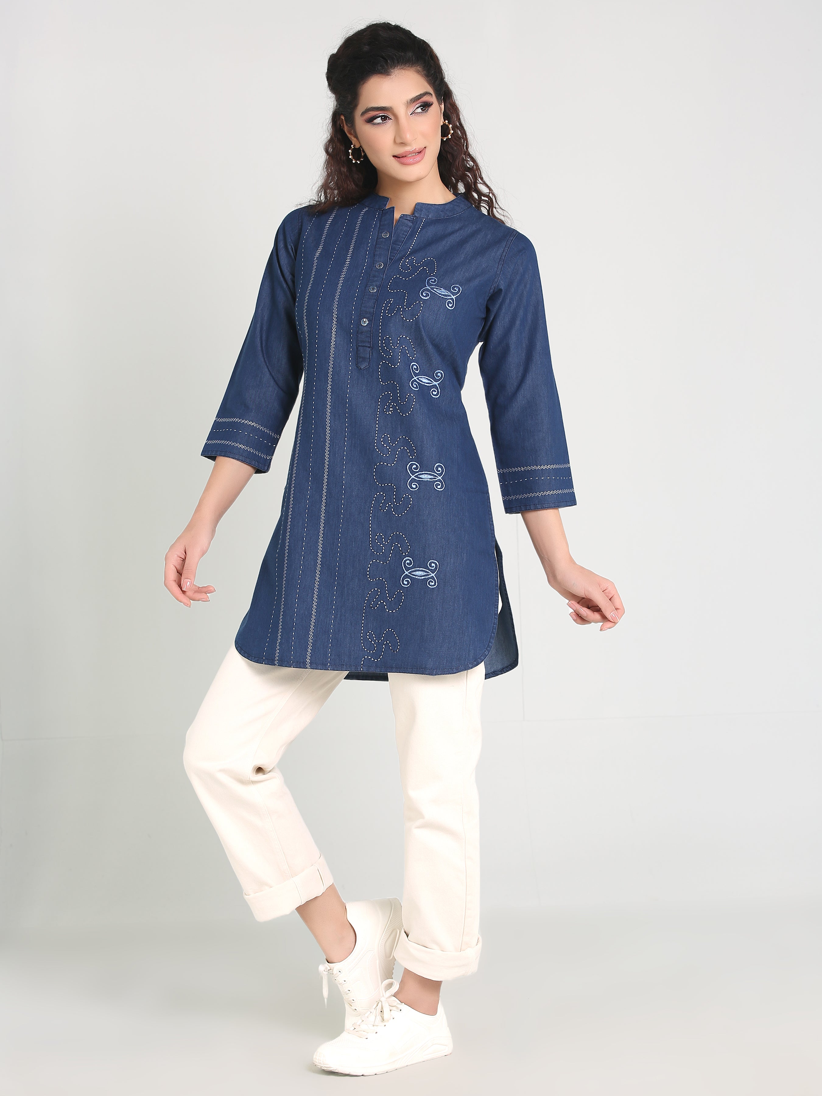 Denim Embroidered Mandarine Collar kurta Patti Kurti