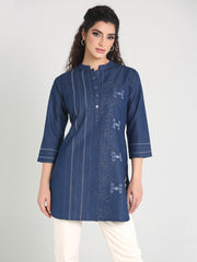 Denim Embroidered Mandarine Collar kurta Patti Kurti