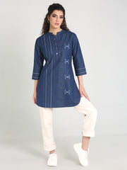 Denim Embroidered Mandarine Collar kurta Patti Kurti