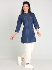 Denim Embroidered Mandarine Collar kurta Patti Kurti