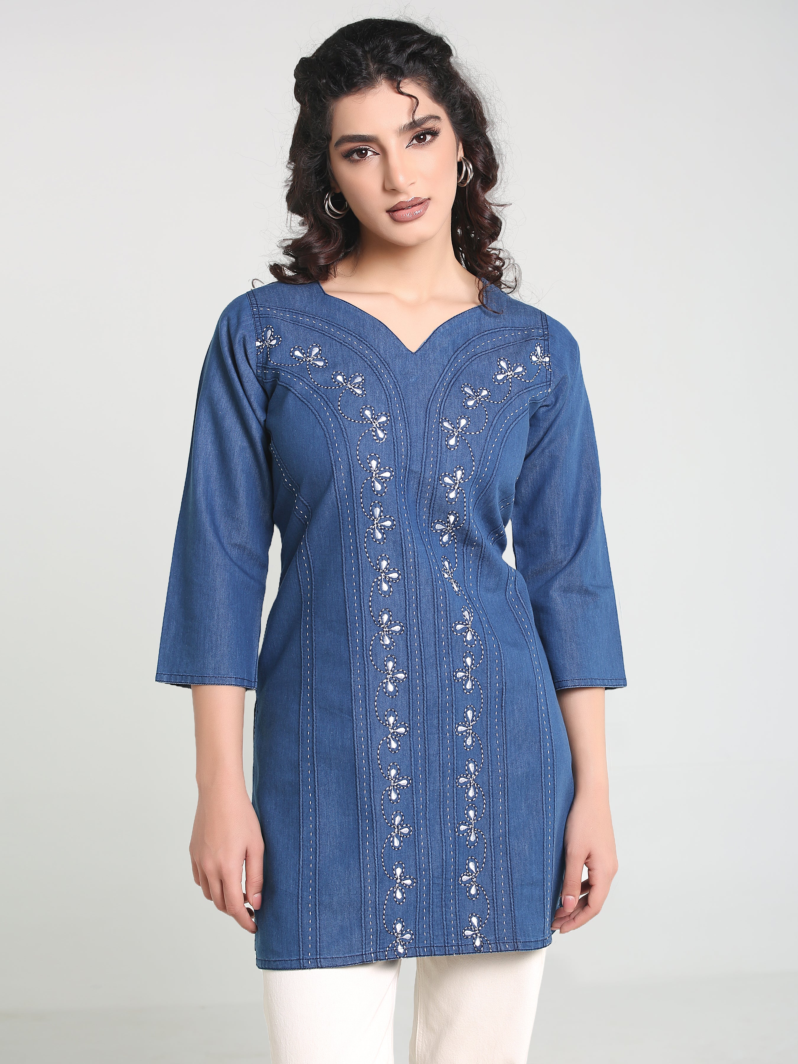 Denim Embroidered Kurti