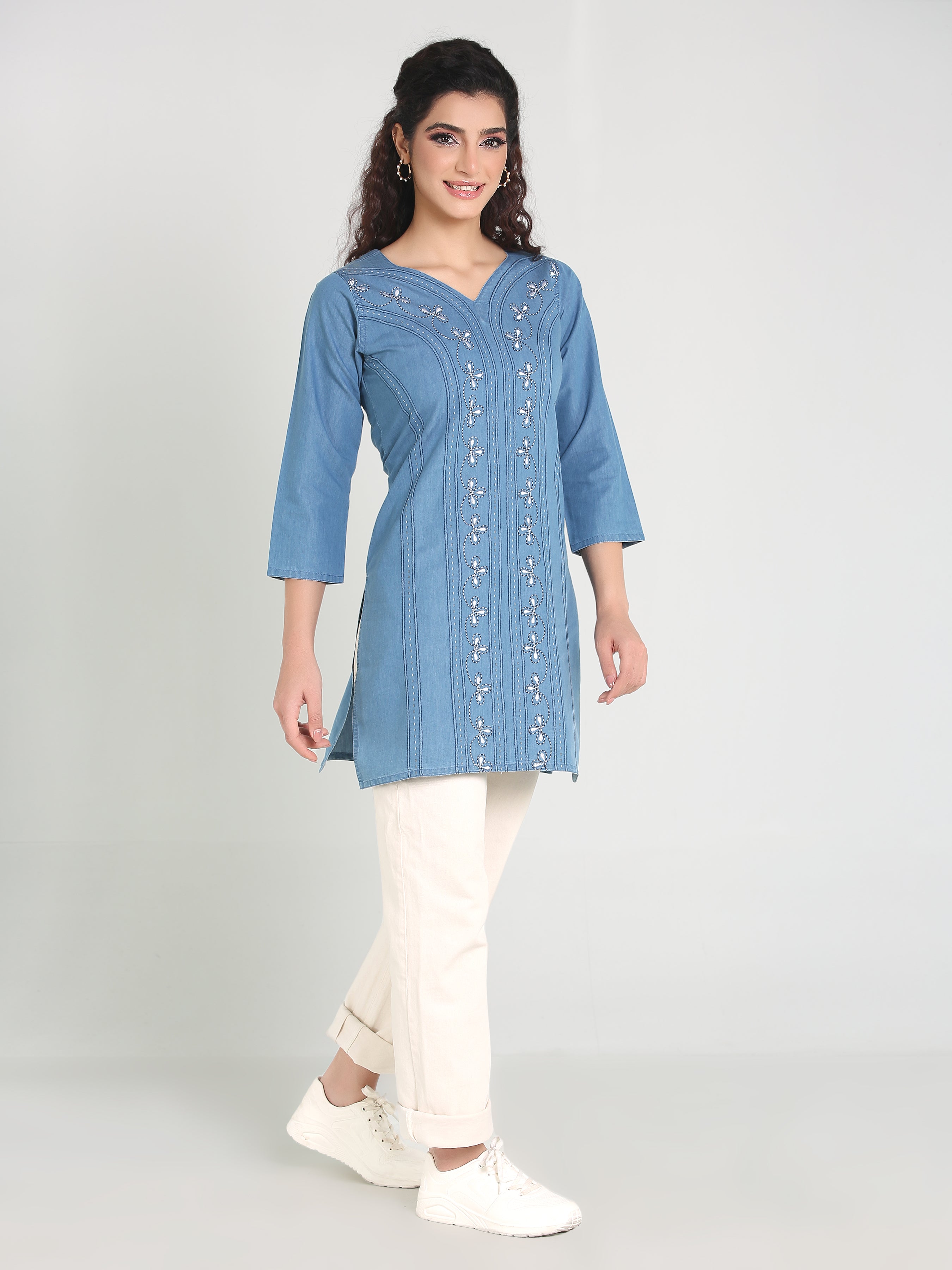 Denim Embroidered Kurti