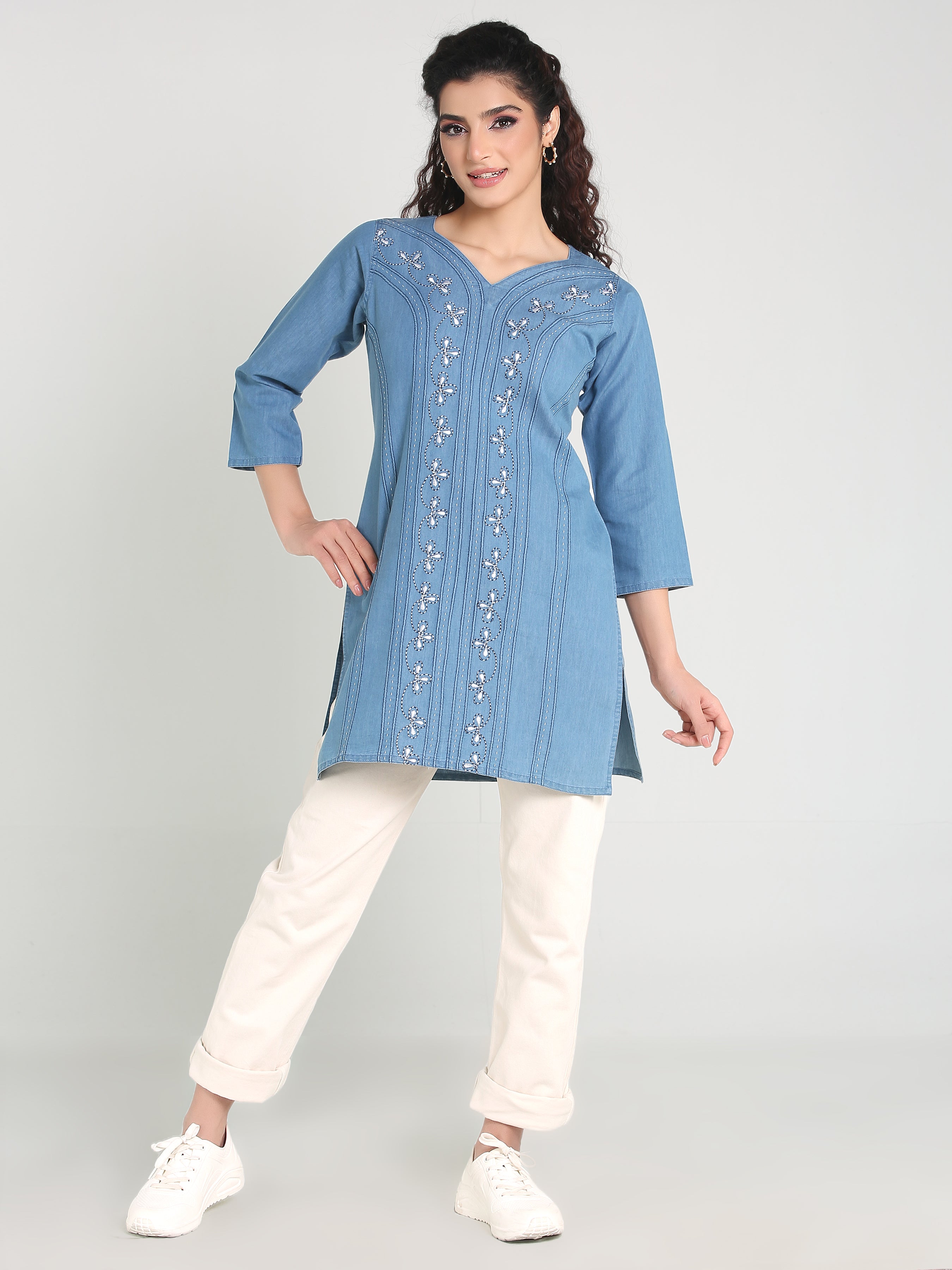 Denim Embroidered Kurti