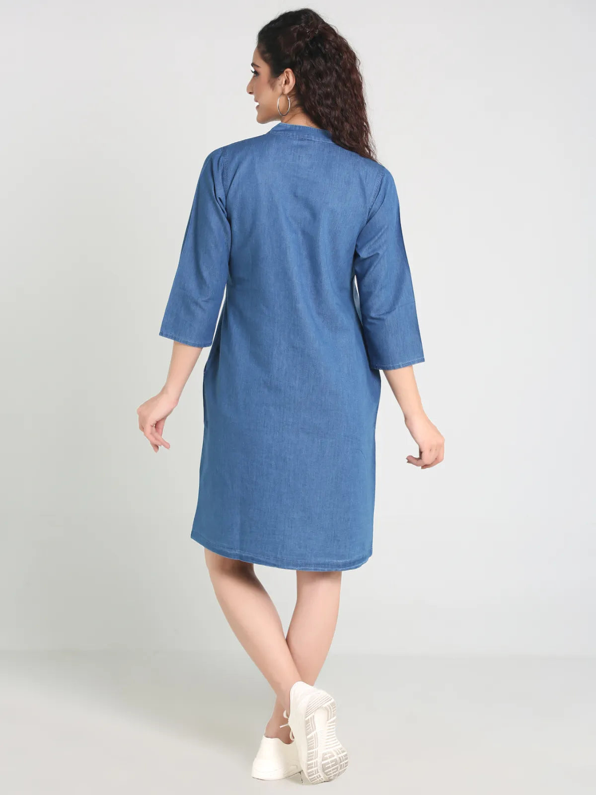 Denim Pocket Embroidered Mandarine Collar One Piecs