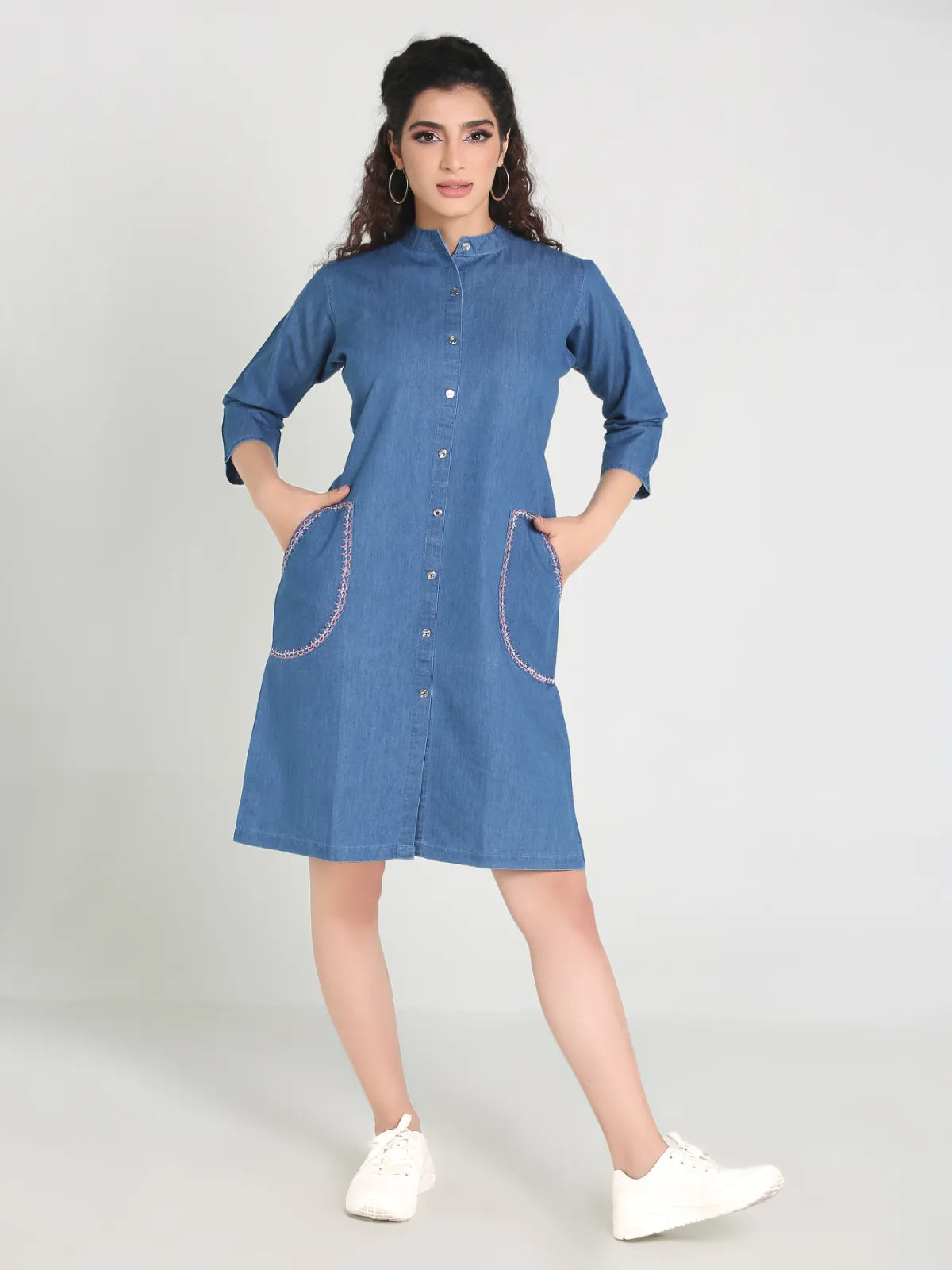 Denim Pocket Embroidered Mandarine Collar One Piecs