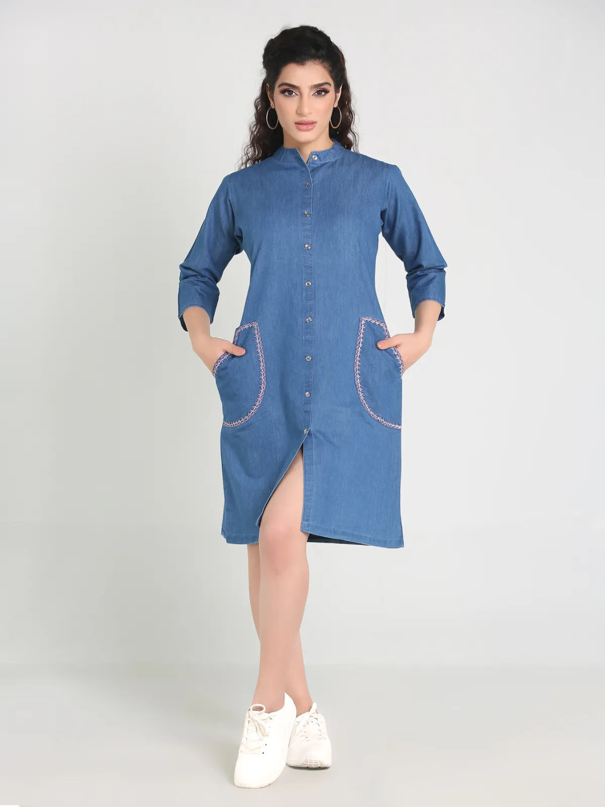 Denim Pocket Embroidered Mandarine Collar One Piecs