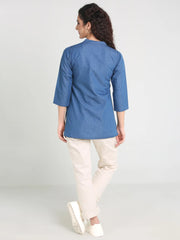 Denim Embroidered Mandarine Collar Kurti