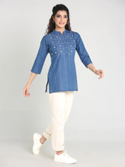 Denim Embroidered Mandarine Collar Kurti