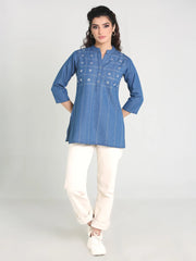 Denim Embroidered Mandarine Collar Kurti