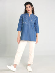 Denim Embroidered Mandarine Collar Kurti