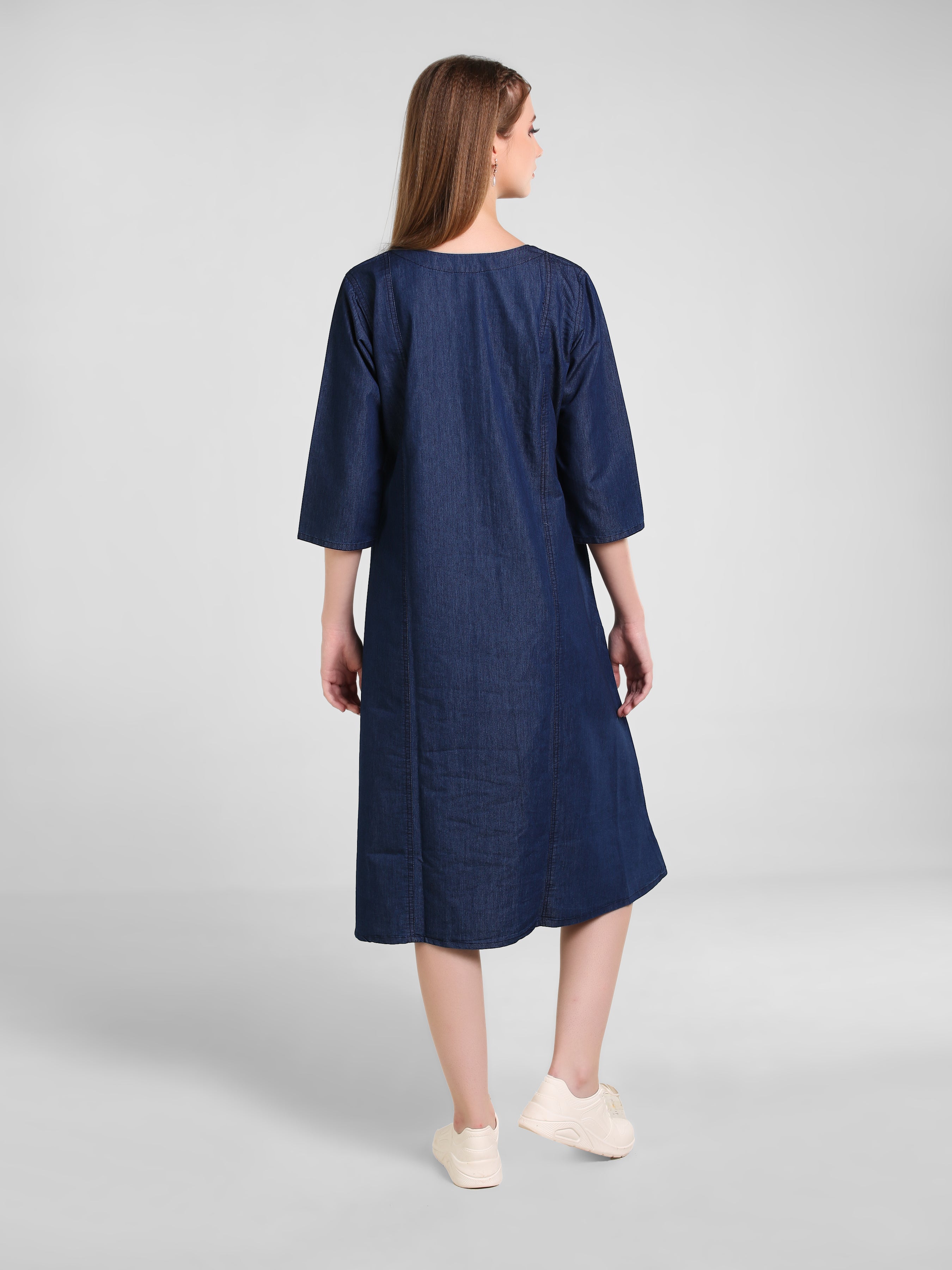 Denim Solid Kurta Patti Pintuck Tabla Dress