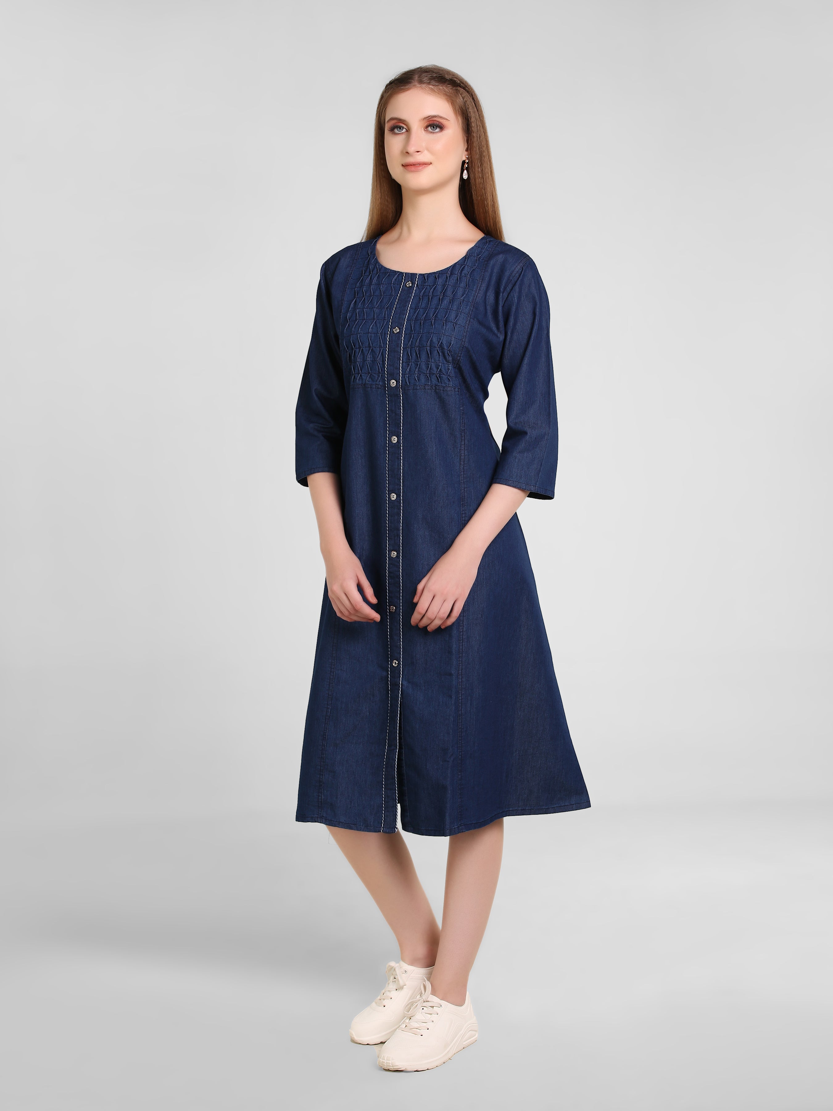 Denim Solid Kurta Patti Pintuck Tabla Dress