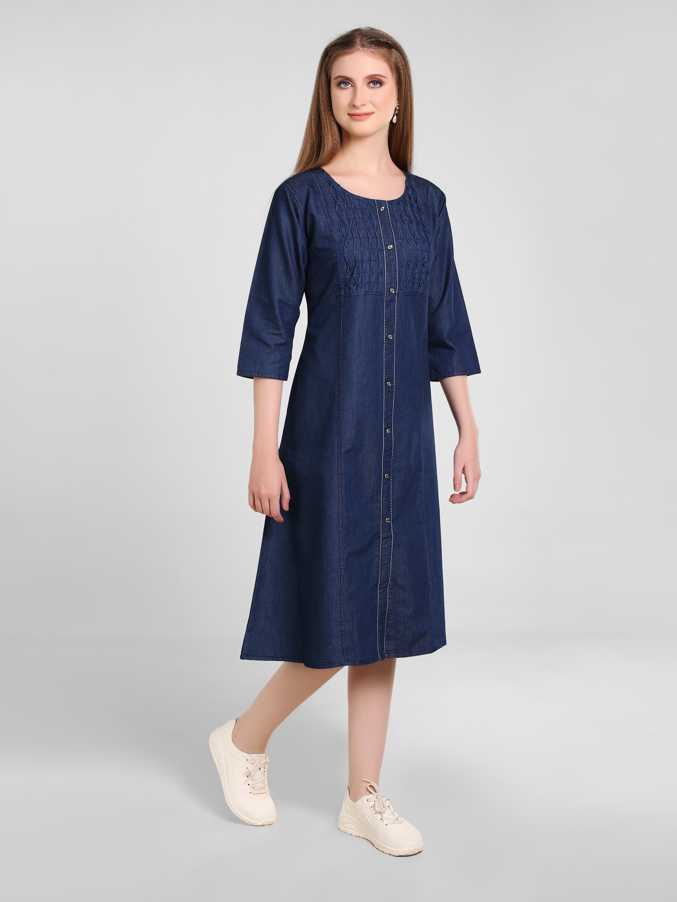 Denim Solid Kurta Patti Pintuck Tabla Dress