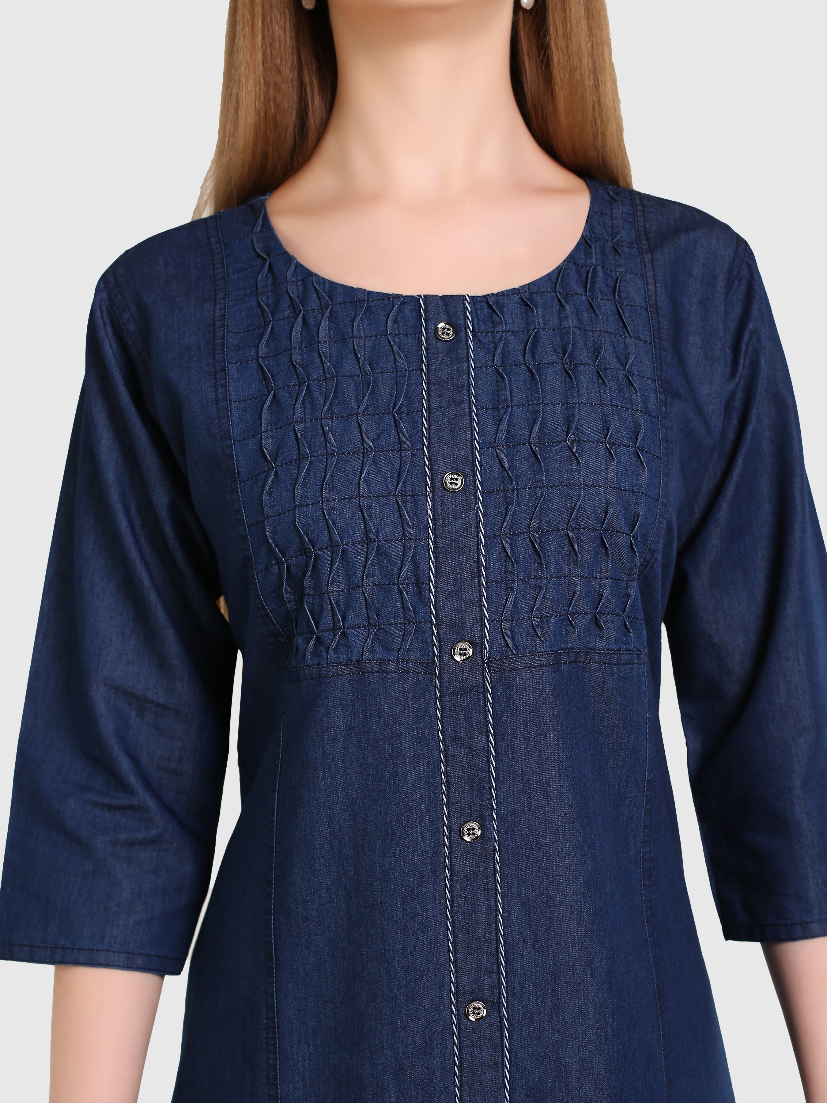 Denim Solid Kurta Patti Pintuck Tabla Dress