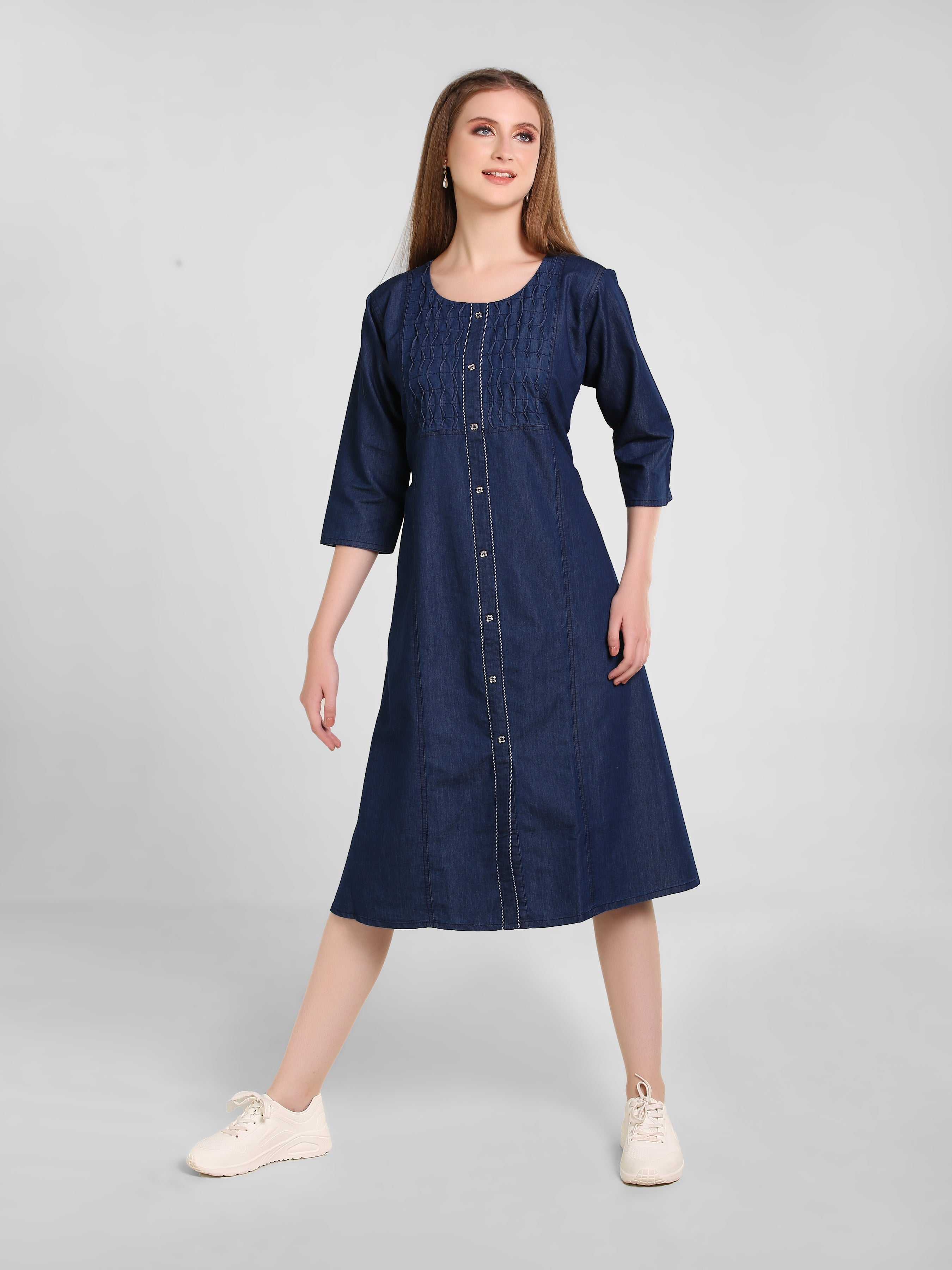 Denim Solid Kurta Patti Pintuck Tabla Dress