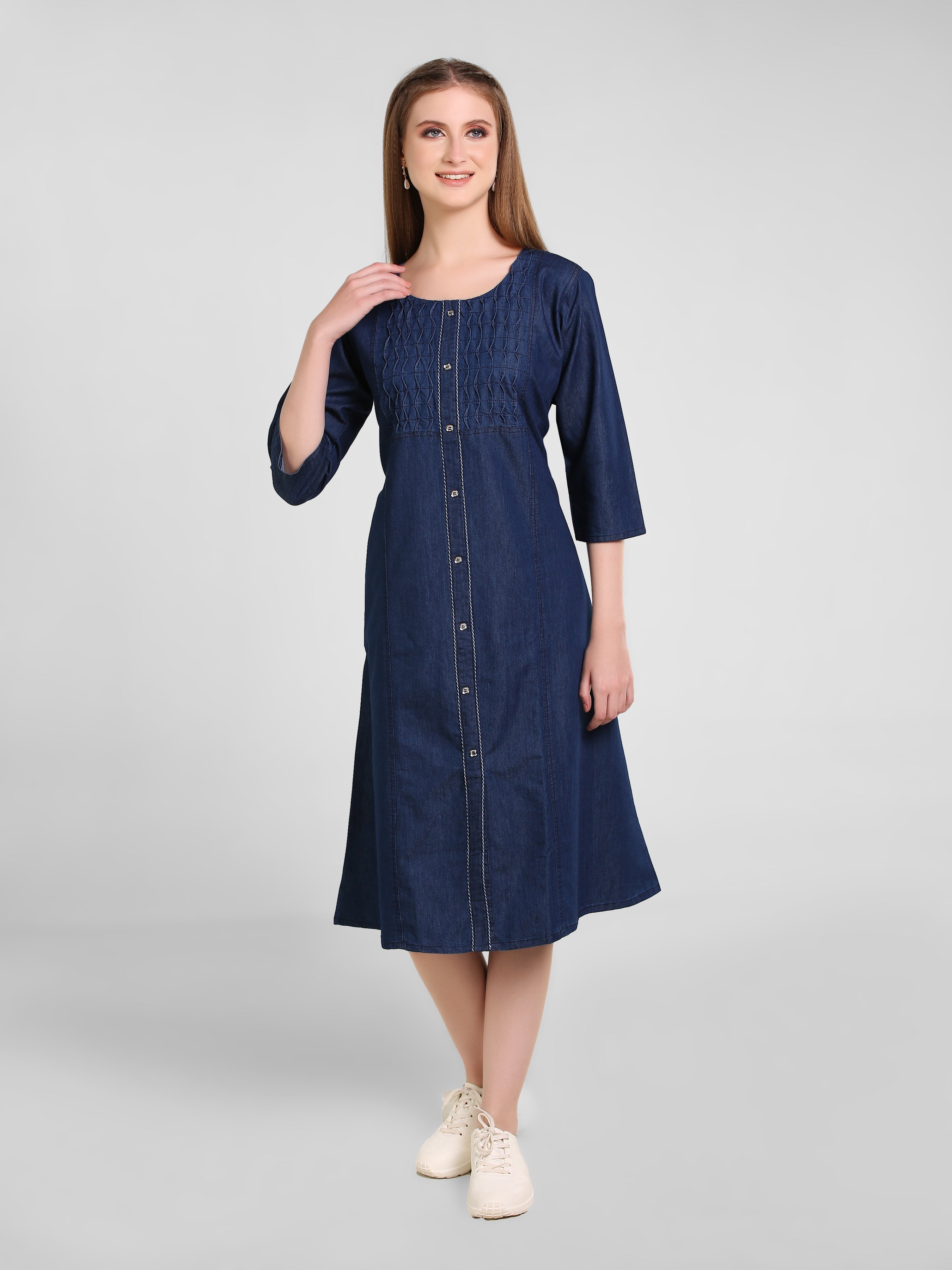 Denim Solid Kurta Patti Pintuck Tabla Dress