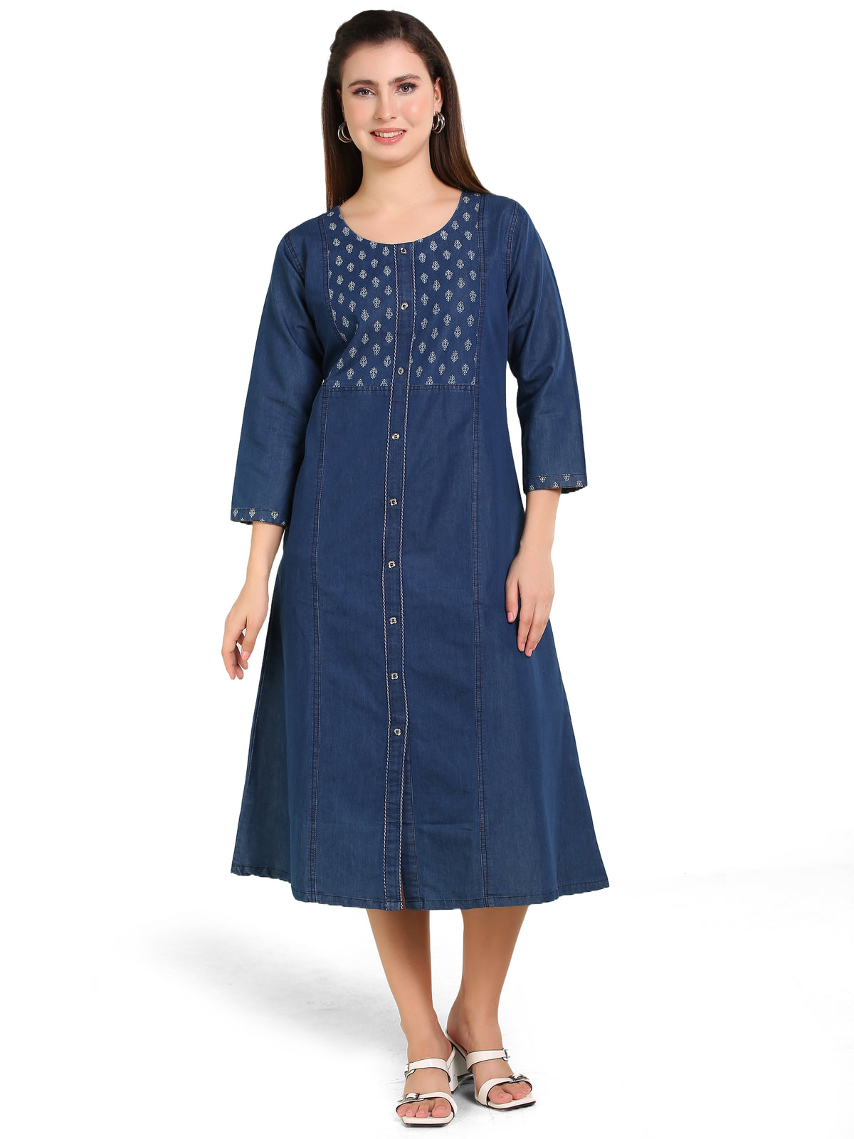 Denim Solid Kurta Patti Printed Tabla Dress