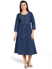 Denim Solid Kurta Patti Printed Tabla Dress