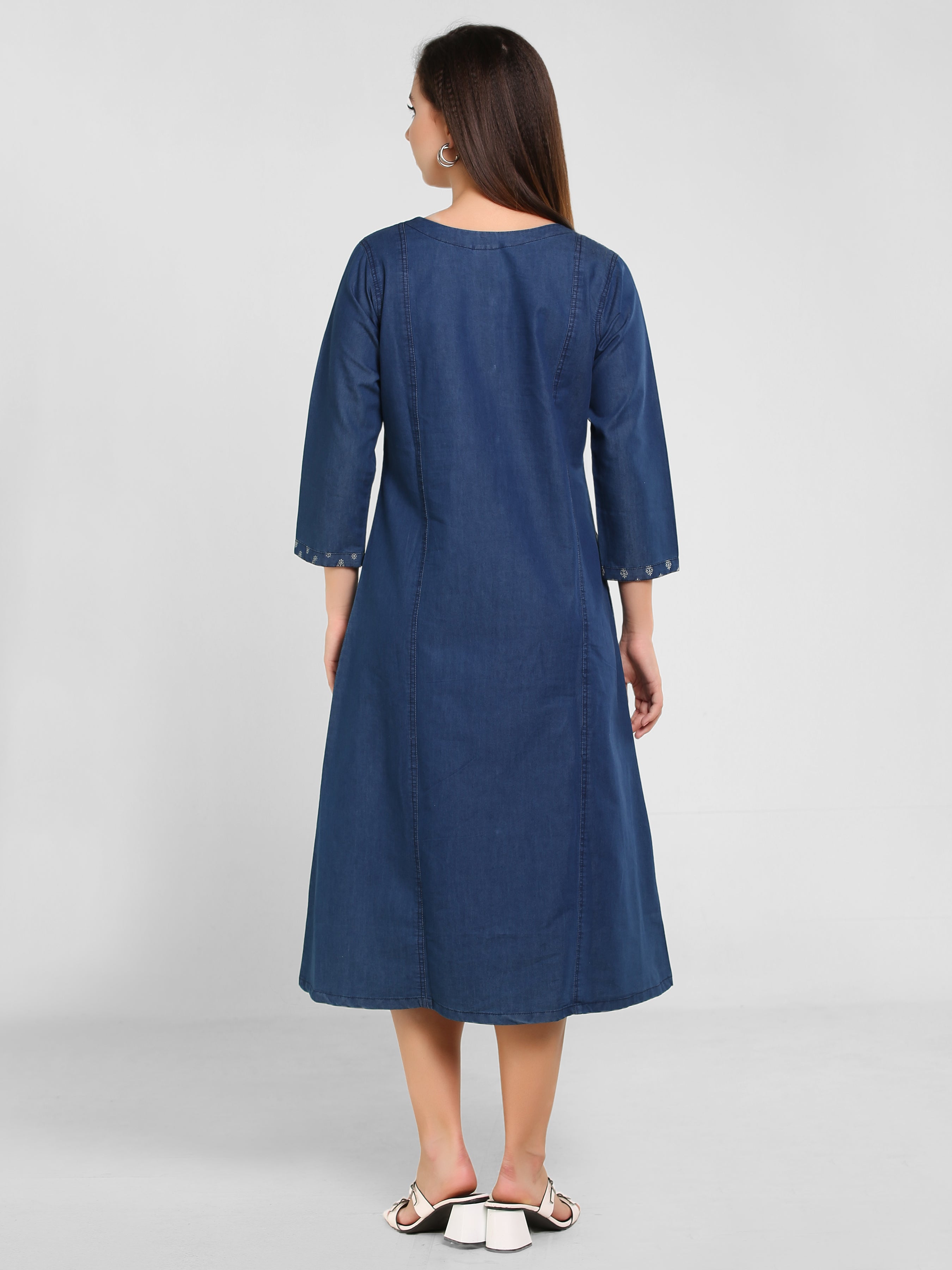 Denim Solid Kurta Patti Printed Tabla Dress