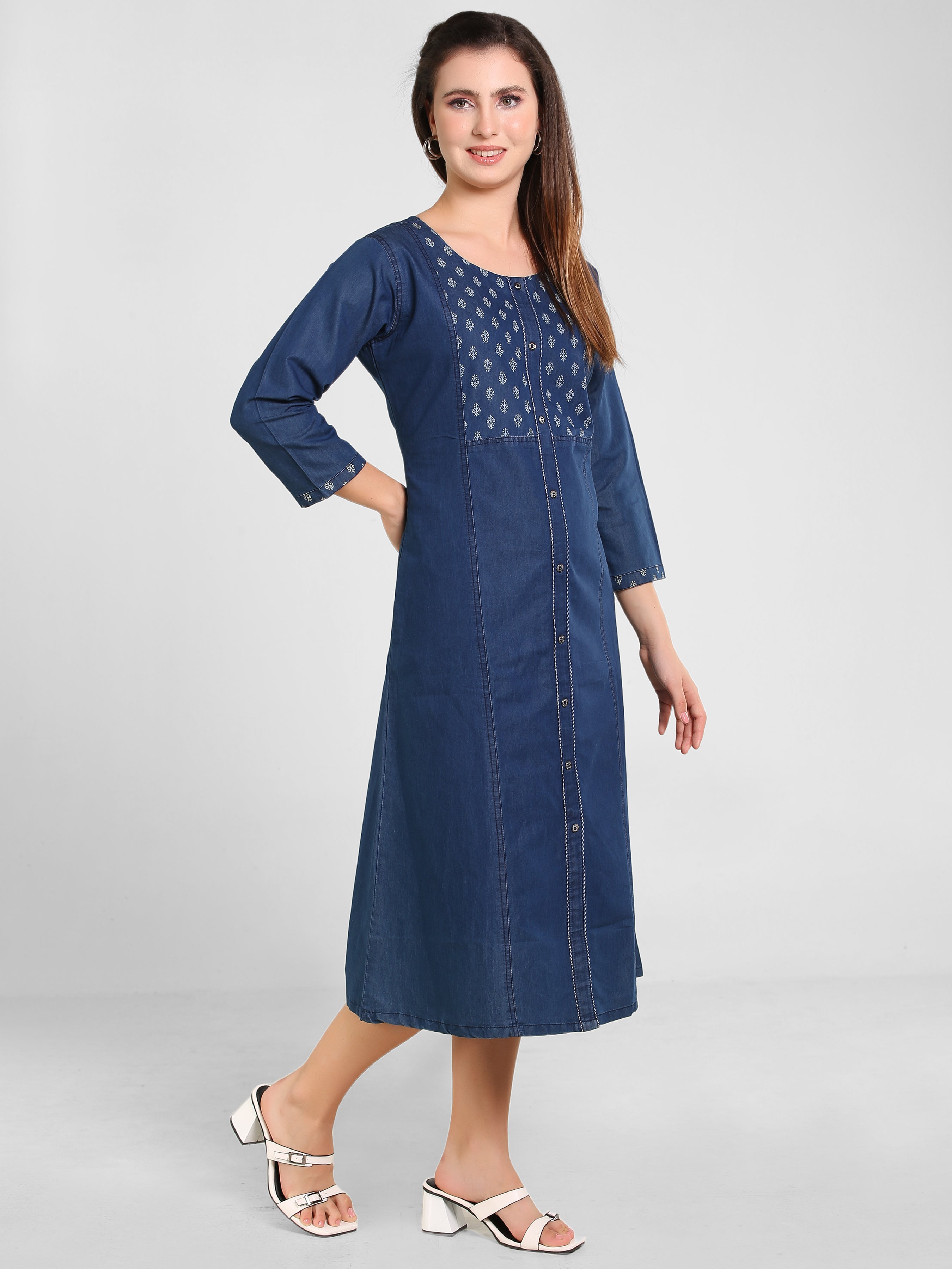Denim Solid Kurta Patti Printed Tabla Dress