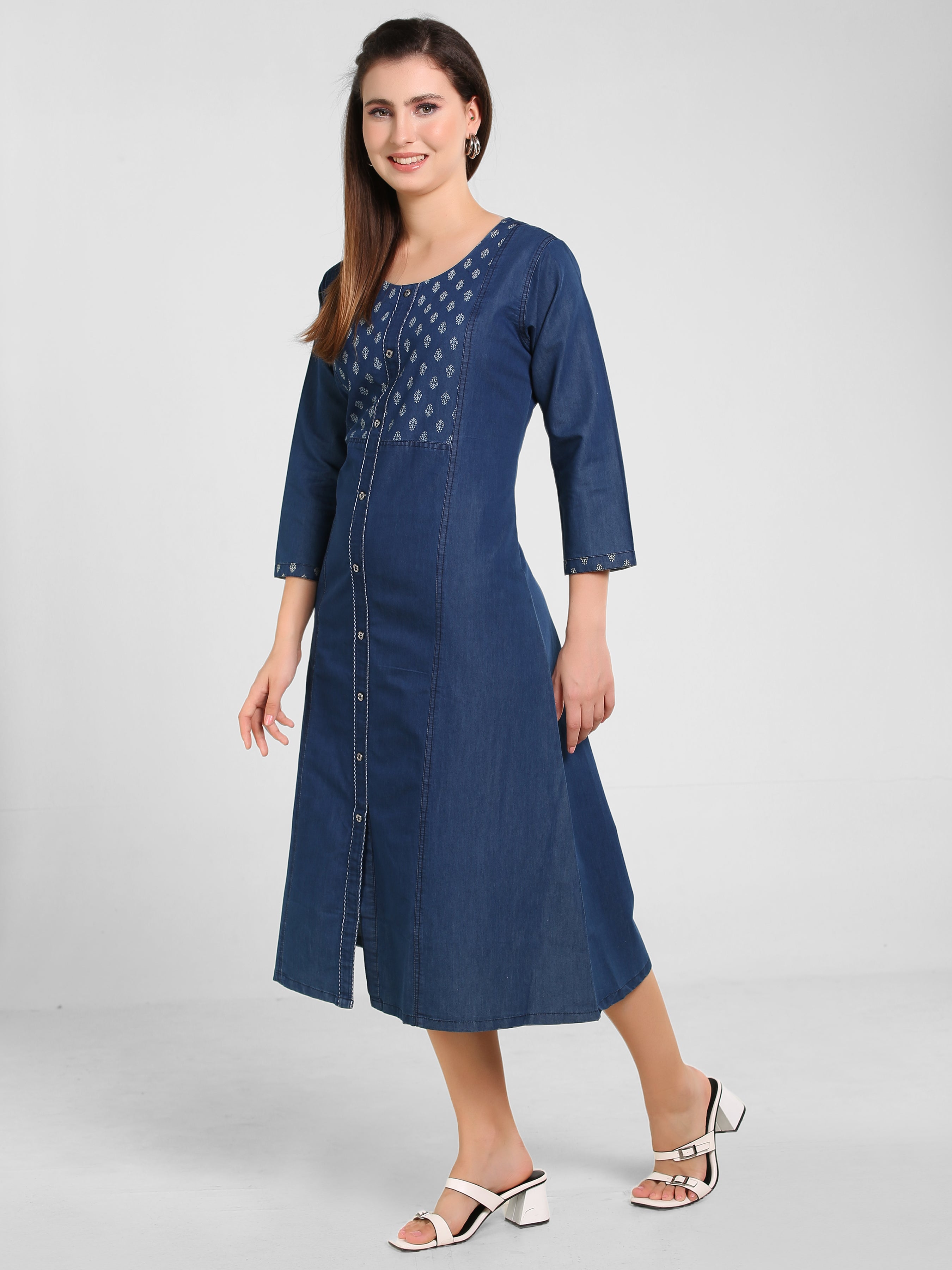 Denim Solid Kurta Patti Printed Tabla Dress