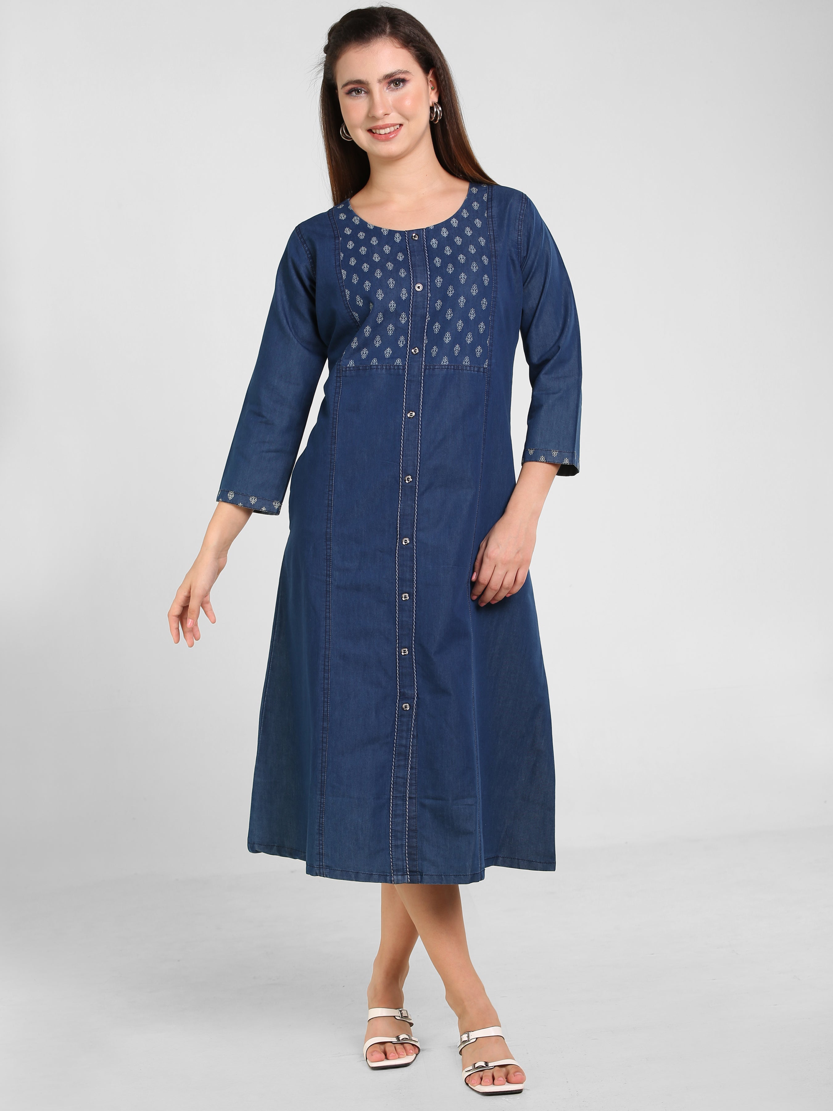 Denim Solid Kurta Patti Printed Tabla Dress