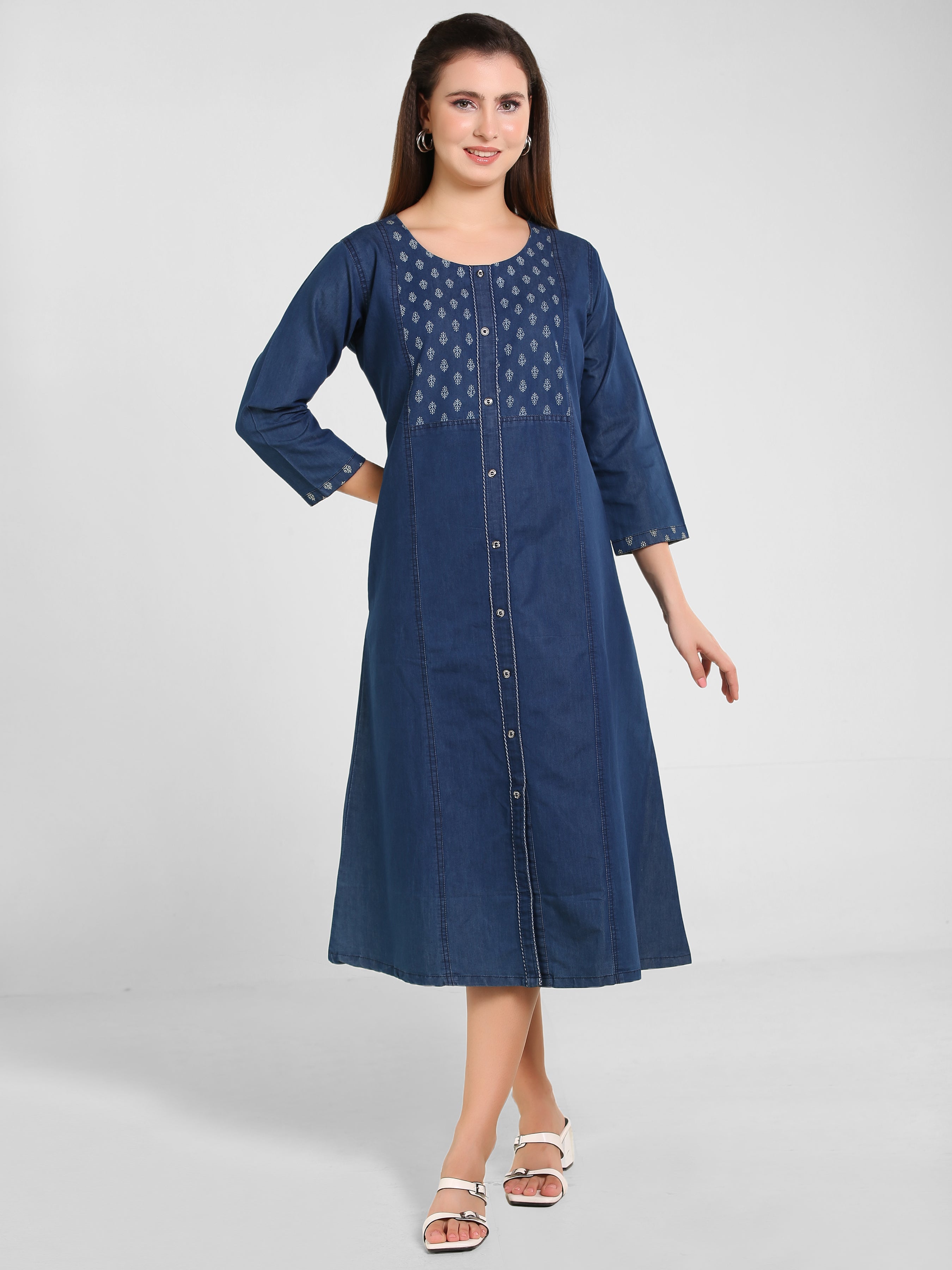 Denim Solid Kurta Patti Printed Tabla Dress
