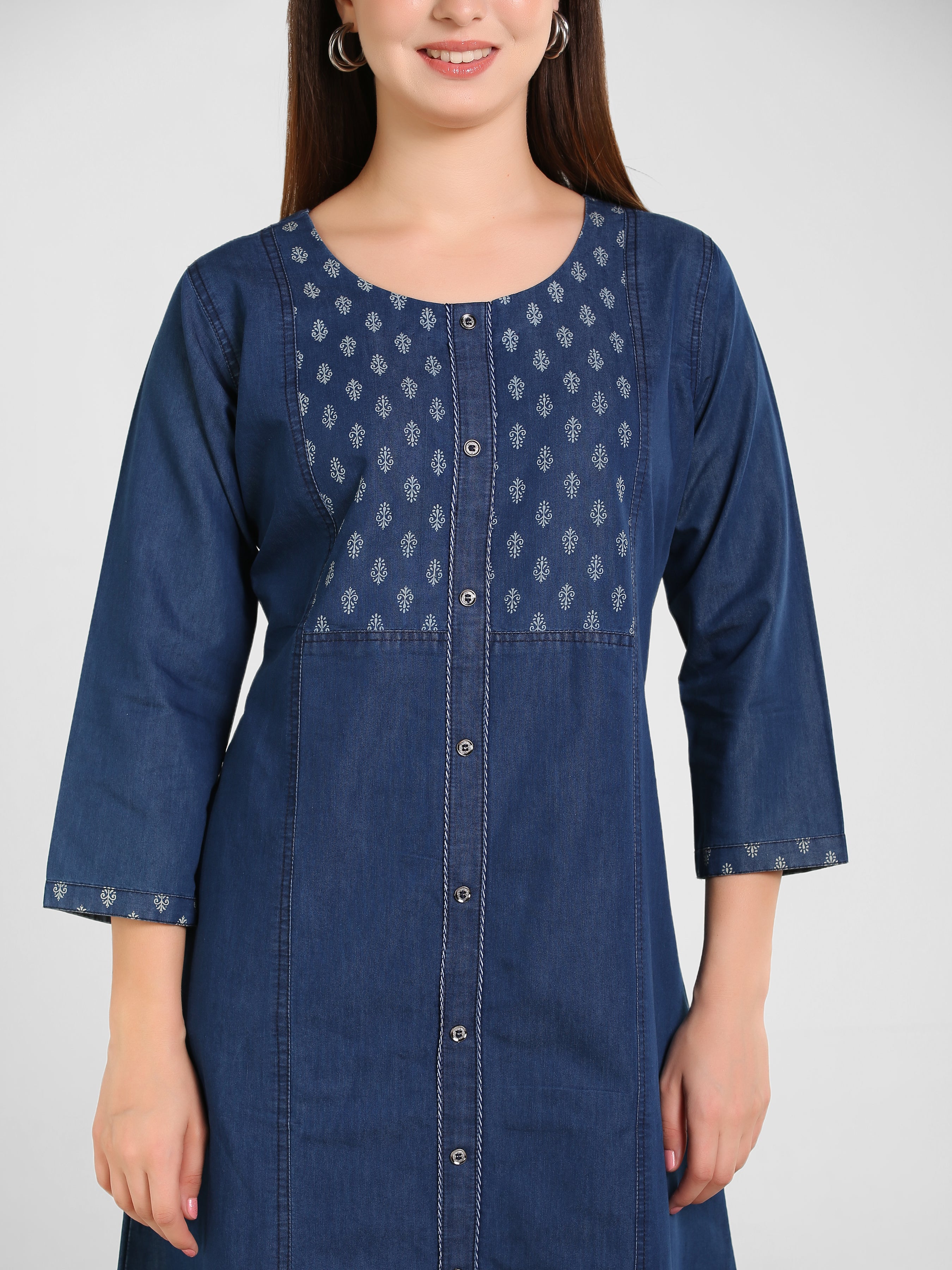 Denim Solid Kurta Patti Printed Tabla Dress