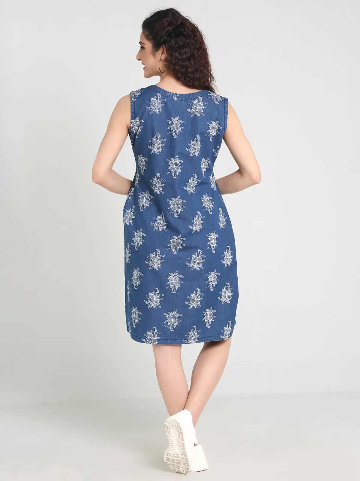 Denim Printed Sleevless V Neck One-piece Dress