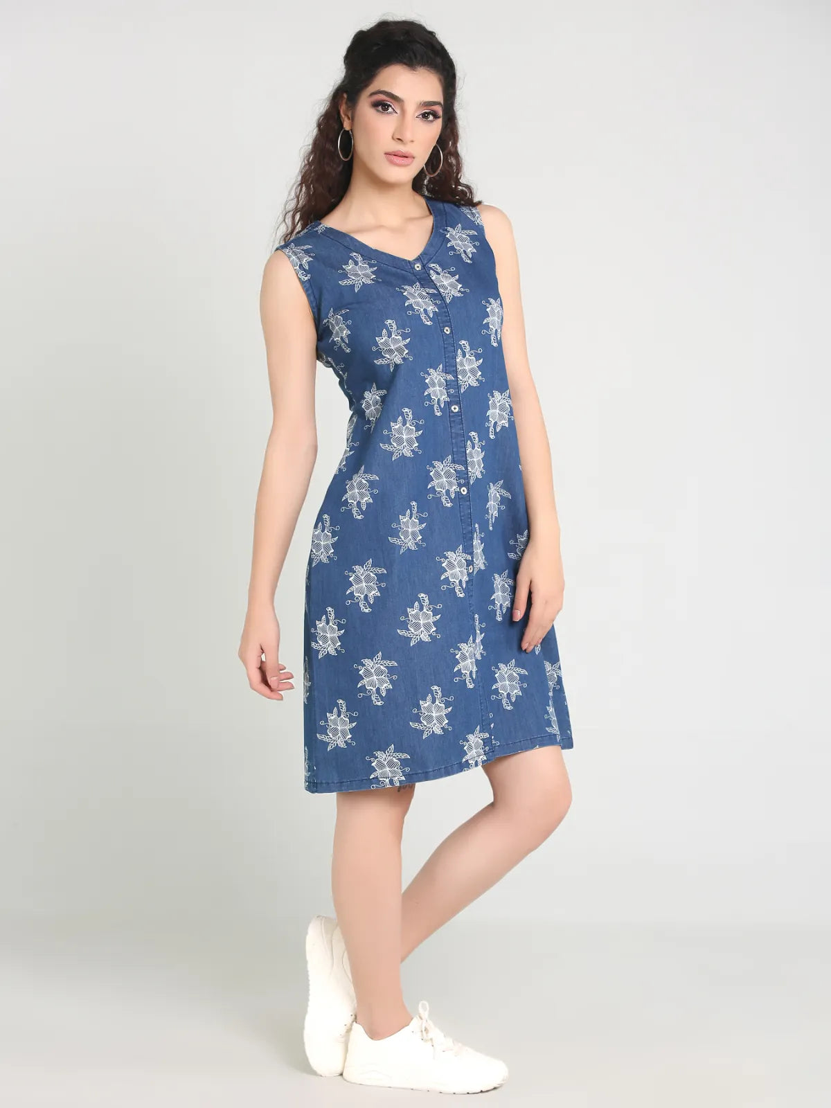 Denim Printed Sleevless V Neck One-piece Dress