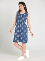 Denim Printed Sleevless V Neck One-piece Dress