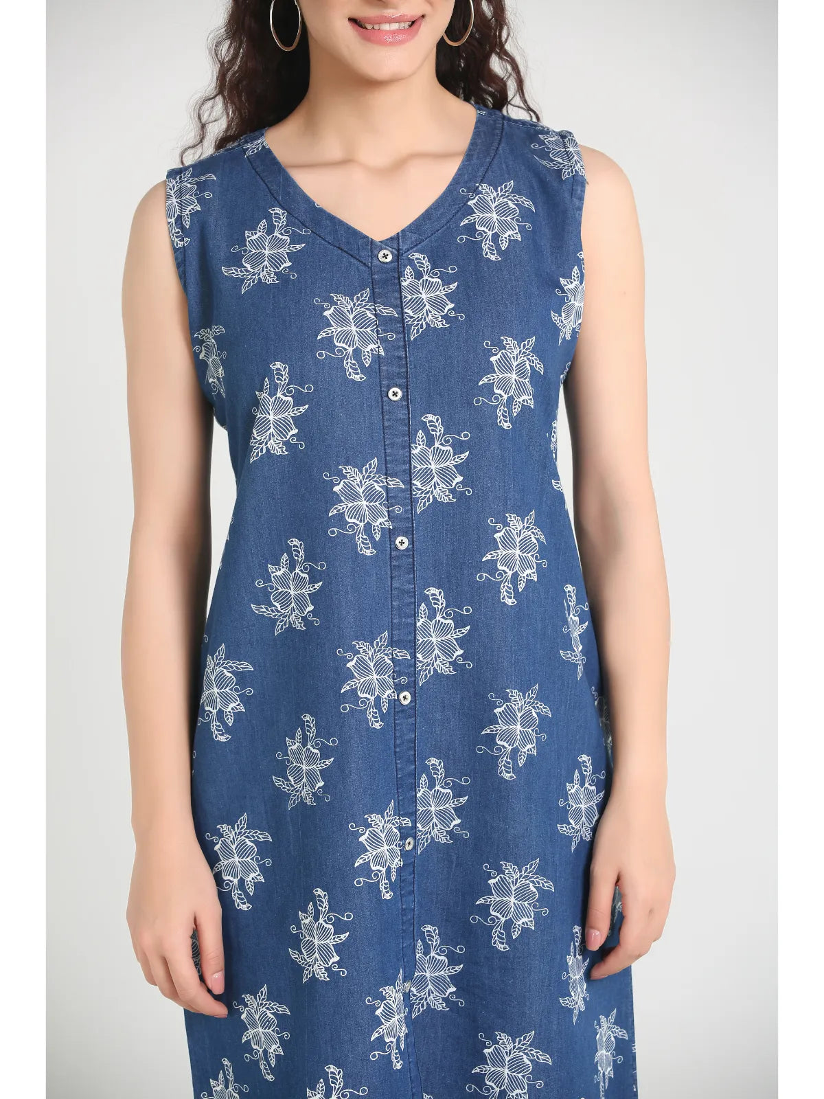 Denim Printed Sleevless V Neck One-piece Dress