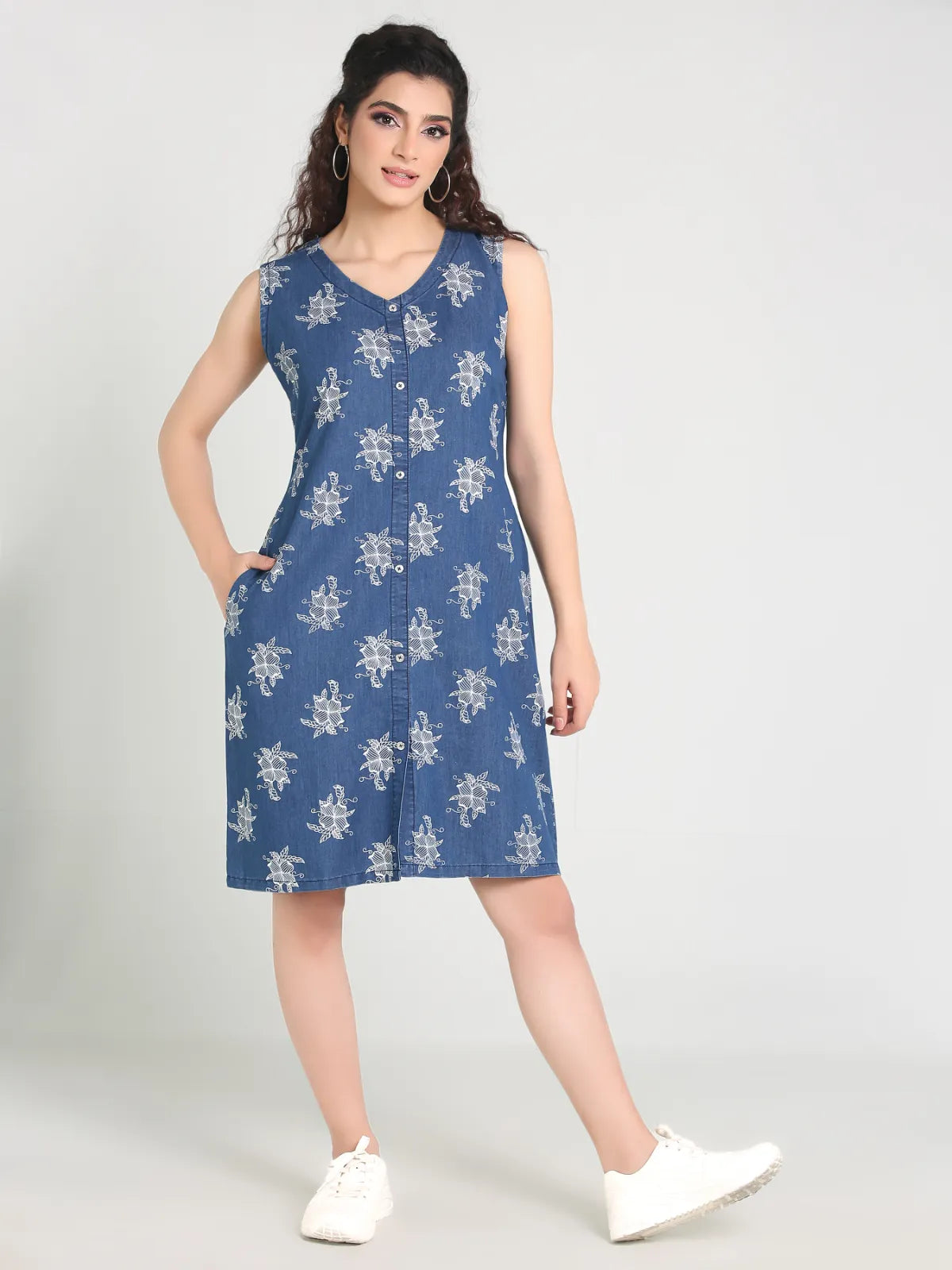 Denim Printed Sleevless V Neck One-piece Dress
