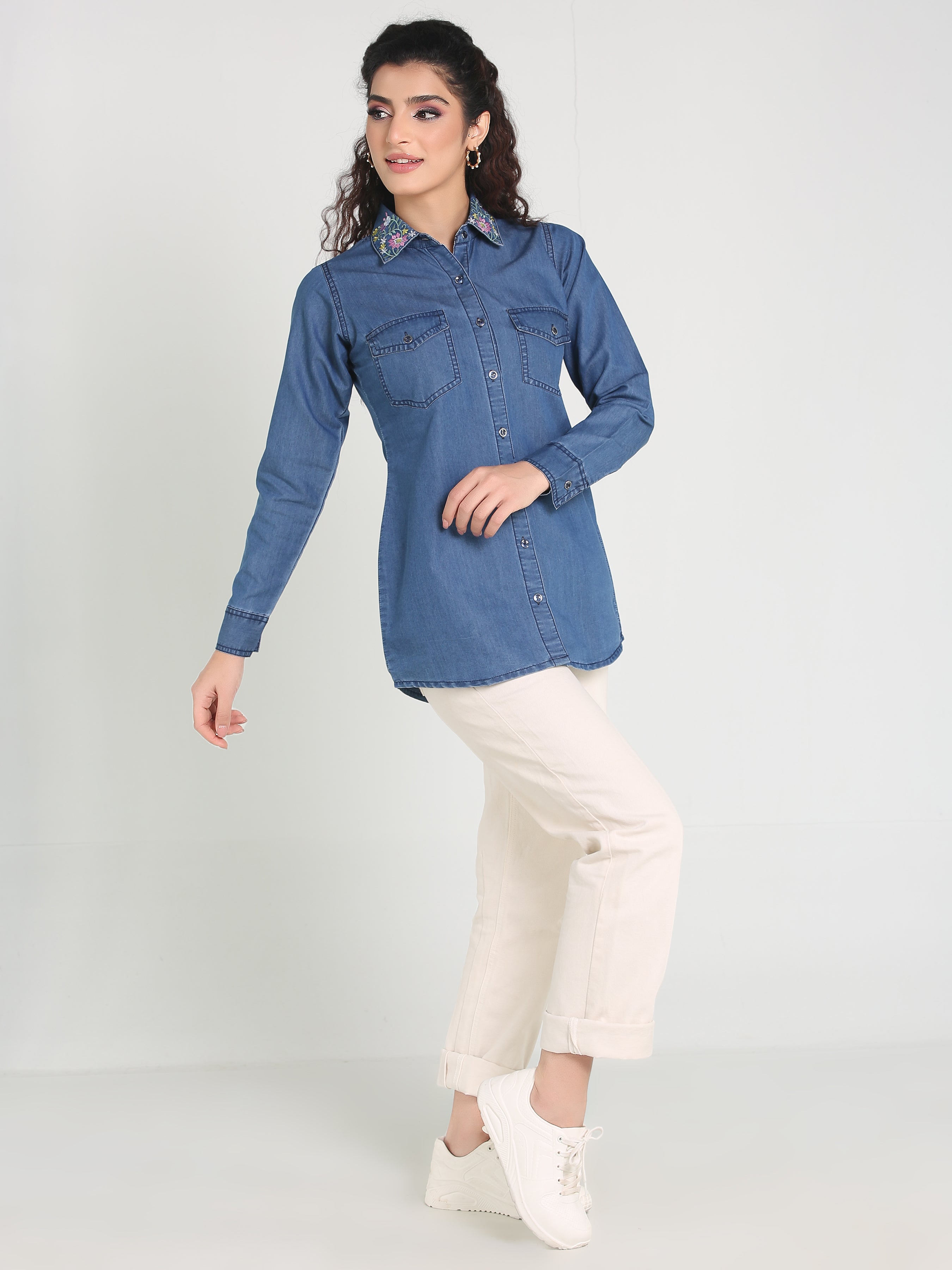Denim Shirt Collar Embroidered W Both side Pocket