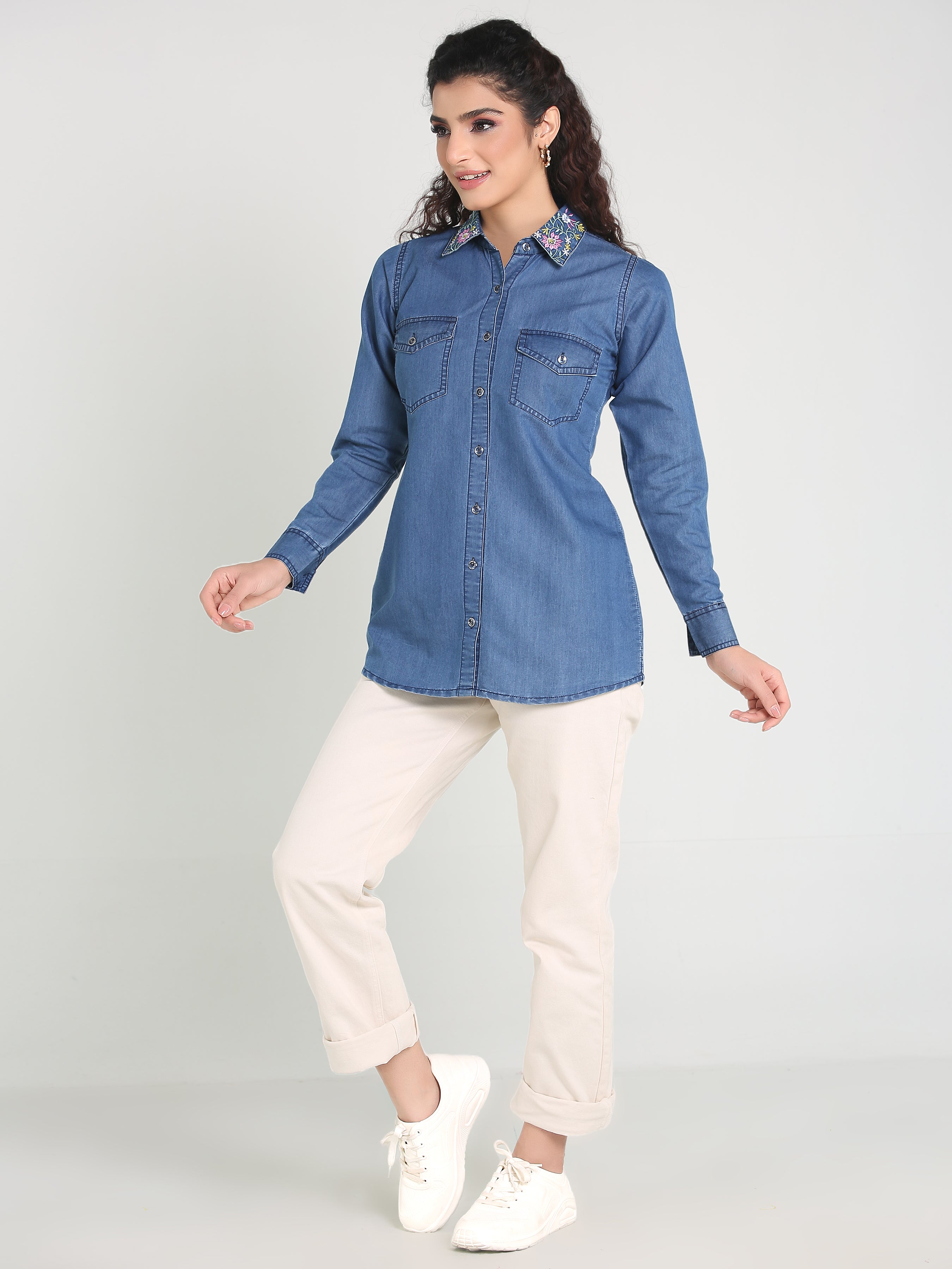 Denim Shirt Collar Embroidered with  Both side Pocket