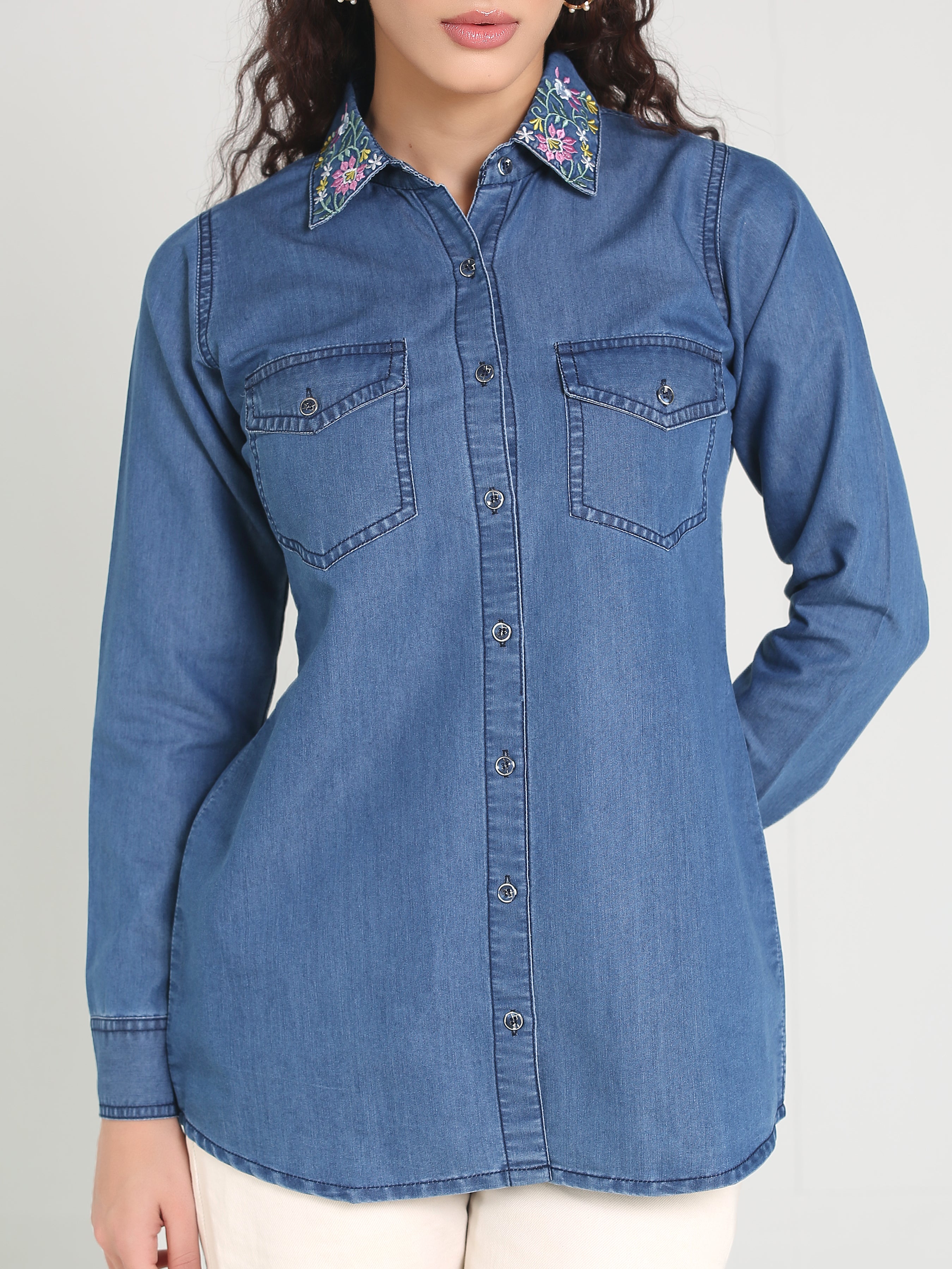 Denim Shirt Collar Embroidered with  Both side Pocket