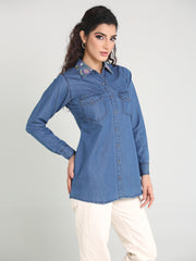 Denim Shirt Collar Embroidered W Both side Pocket