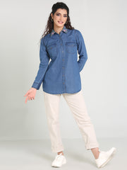 Denim Shirt Collar Embroidered W Both side Pocket