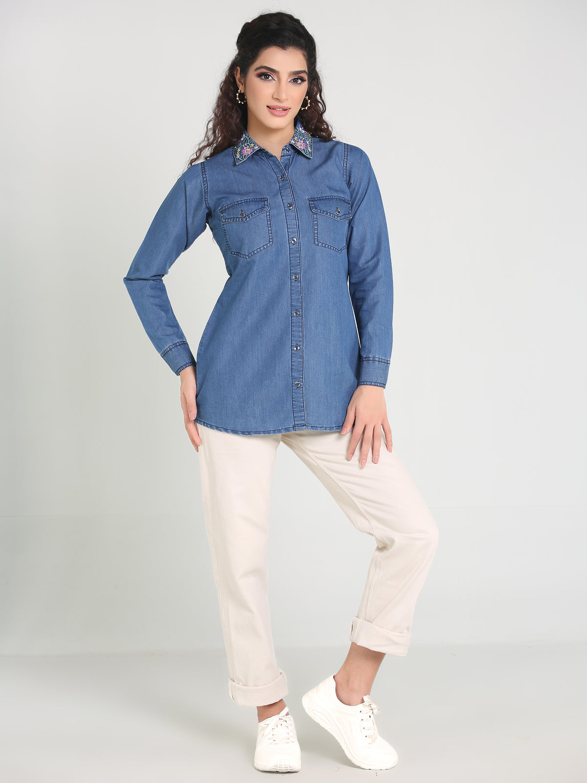 Denim Shirt Collar Embroidered W Both side Pocket