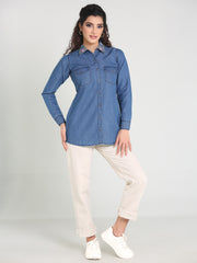 Denim Shirt Collar Embroidered W Both side Pocket