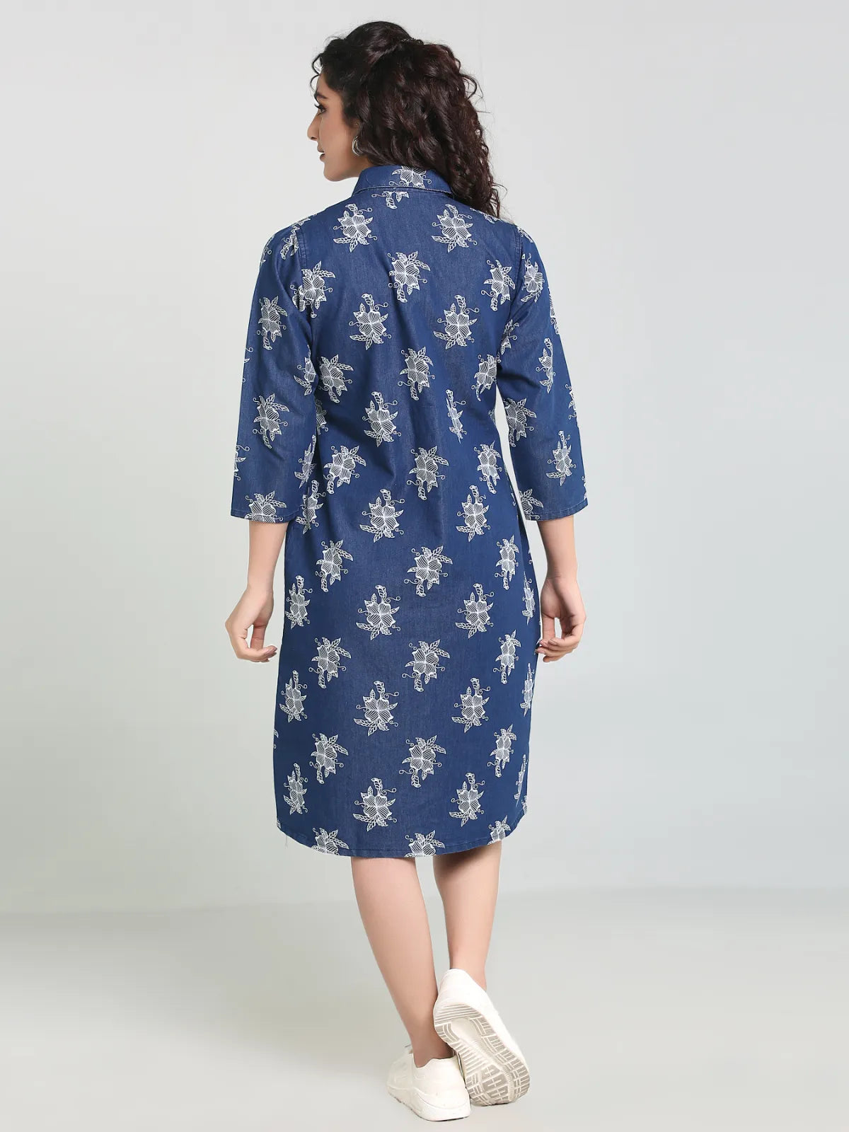 Denim Printed Shirt Collar One-piece Dress
